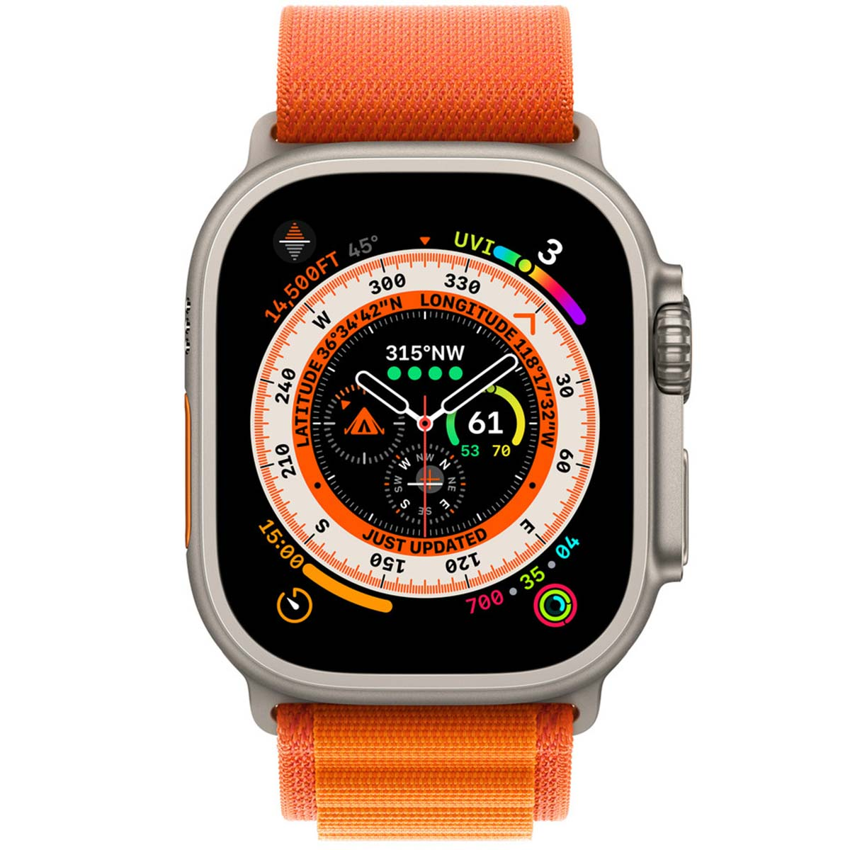 Een zilverkleurig smartwatch met oranje band toont kompas-, hoogte- en breedtegraadgegevens.