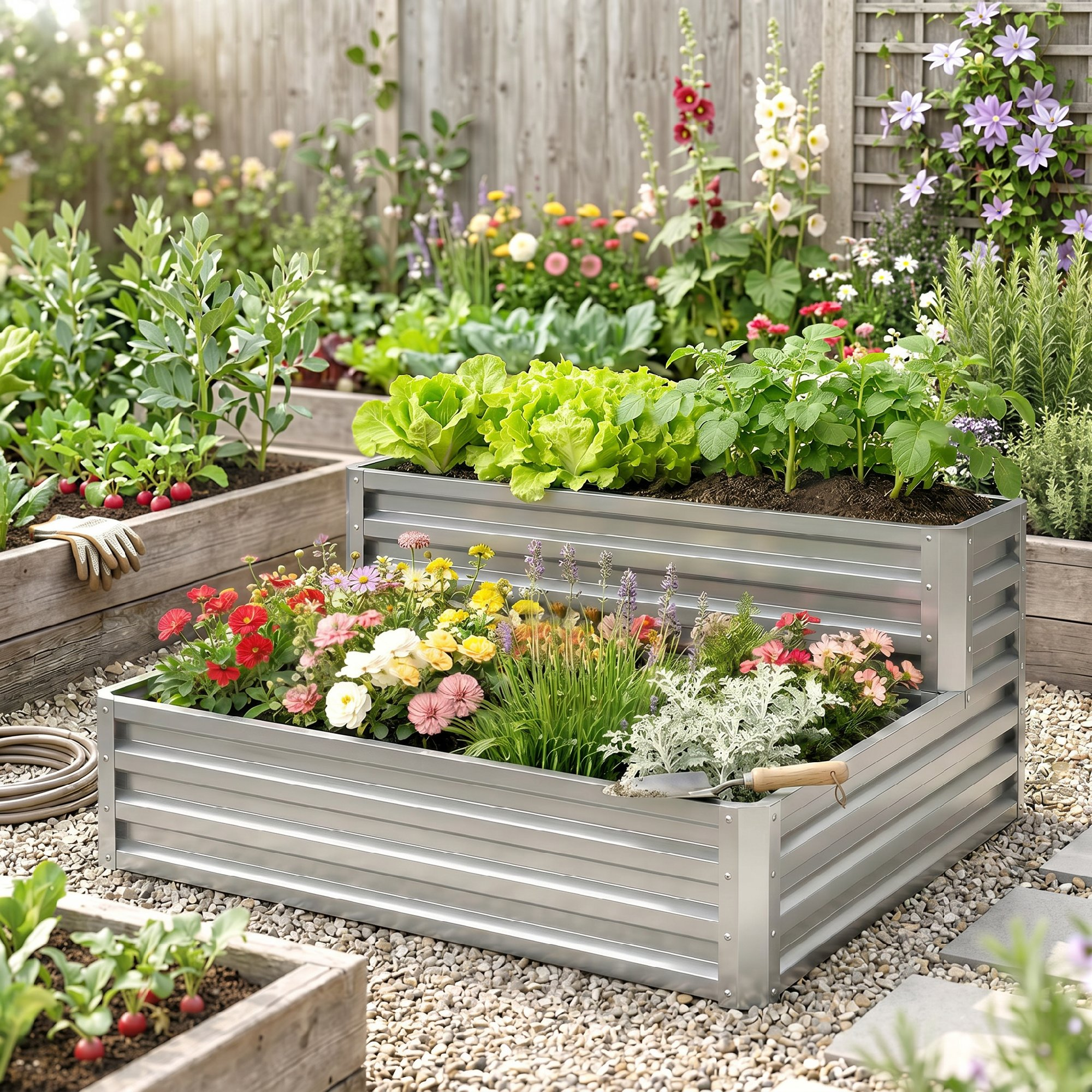 Un bancal elevado escalonado con flores y verduras.