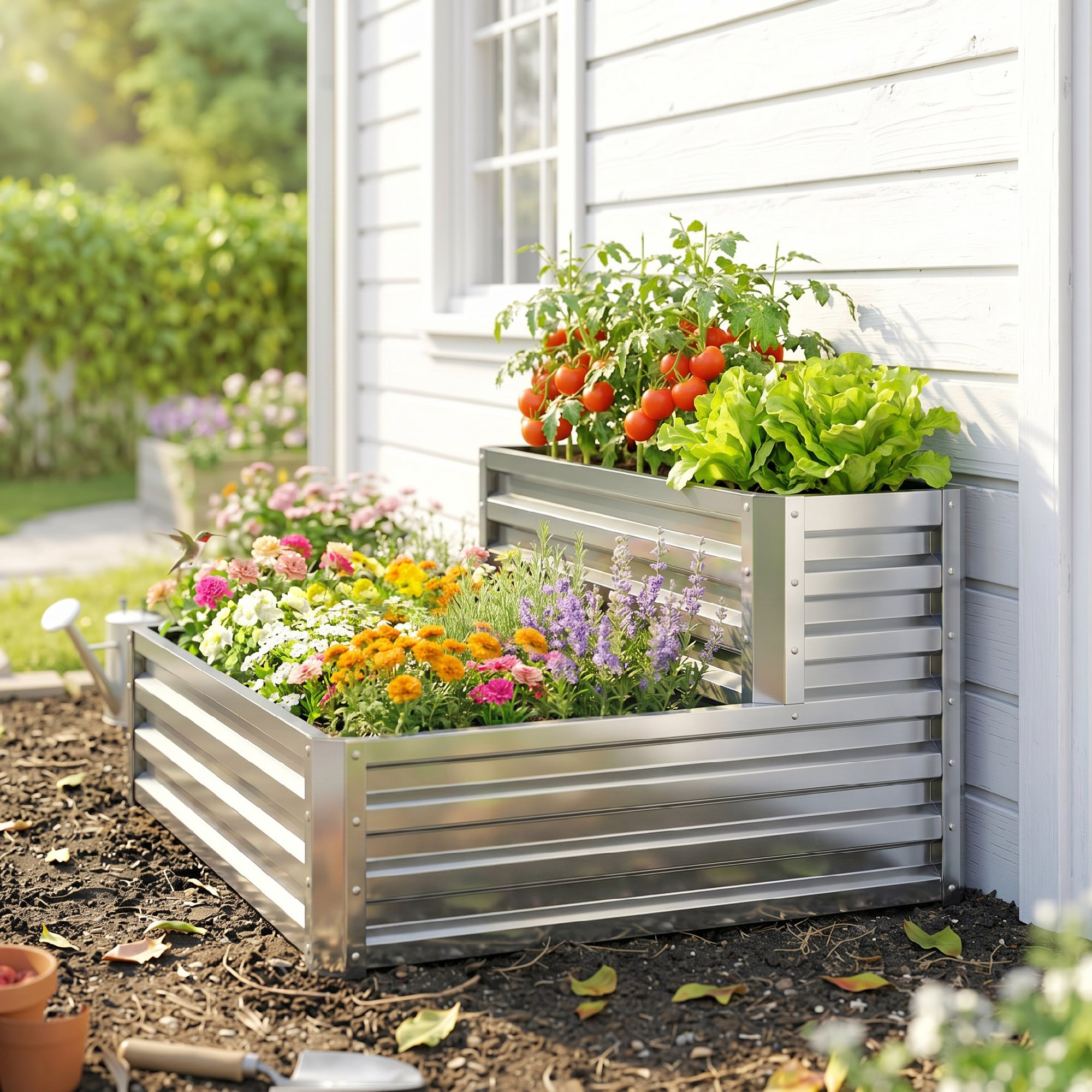 Un bancal elevado rectangular de metal con flores coloridas y tomates, junto a una casa blanca.