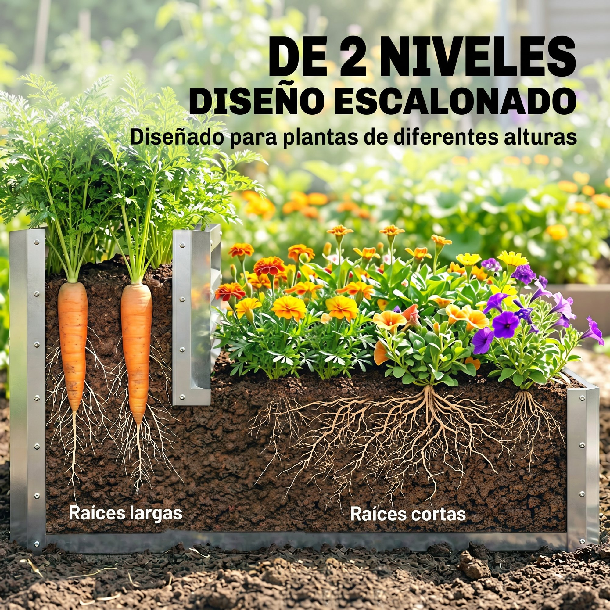 Bancal elevado de dos niveles: zanahorias con raíces largas y flores con raíces cortas.