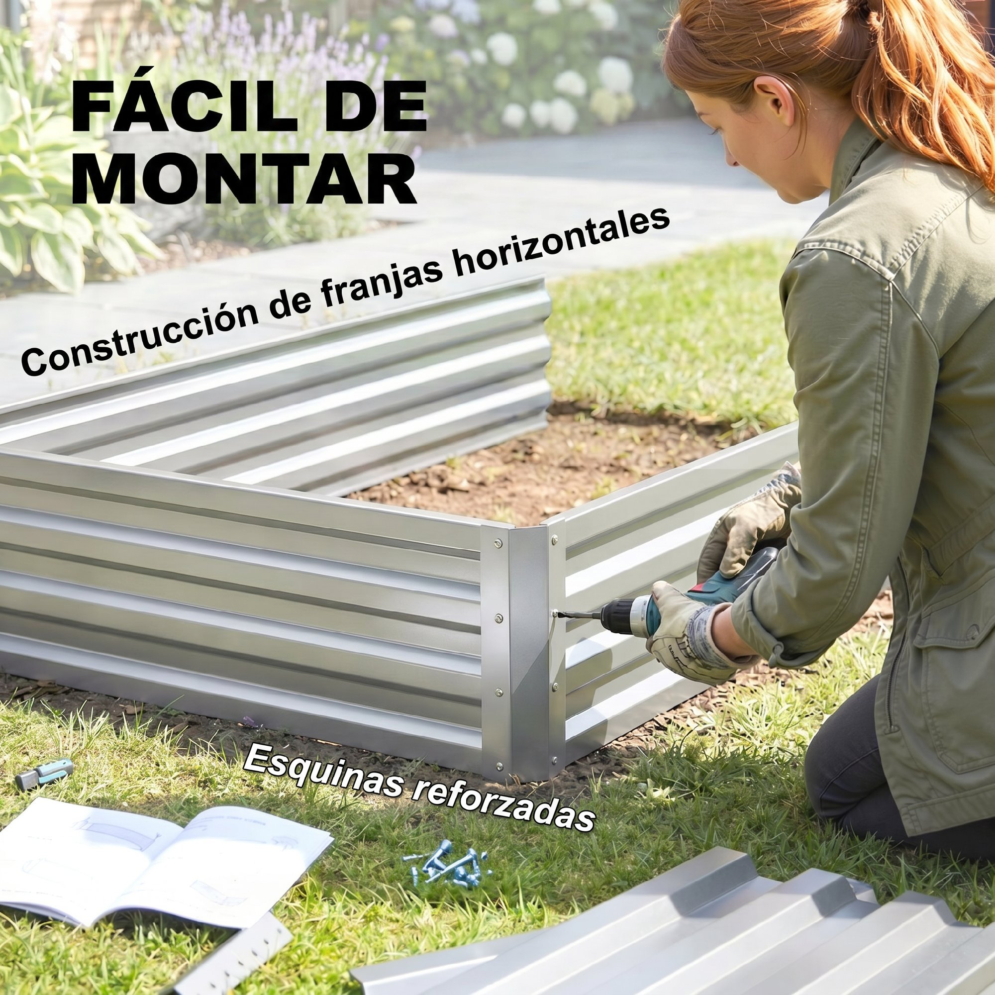 Mujer atornilla bancal metálico con taladro eléctrico.