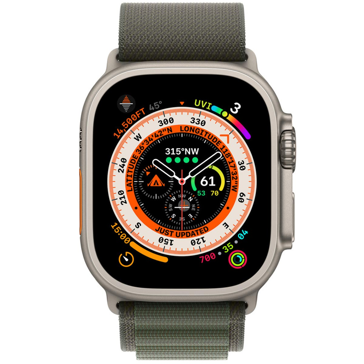 Uno smartwatch grigio con cinturino in tessuto verde, che mostra dati meteo e di localizzazione.