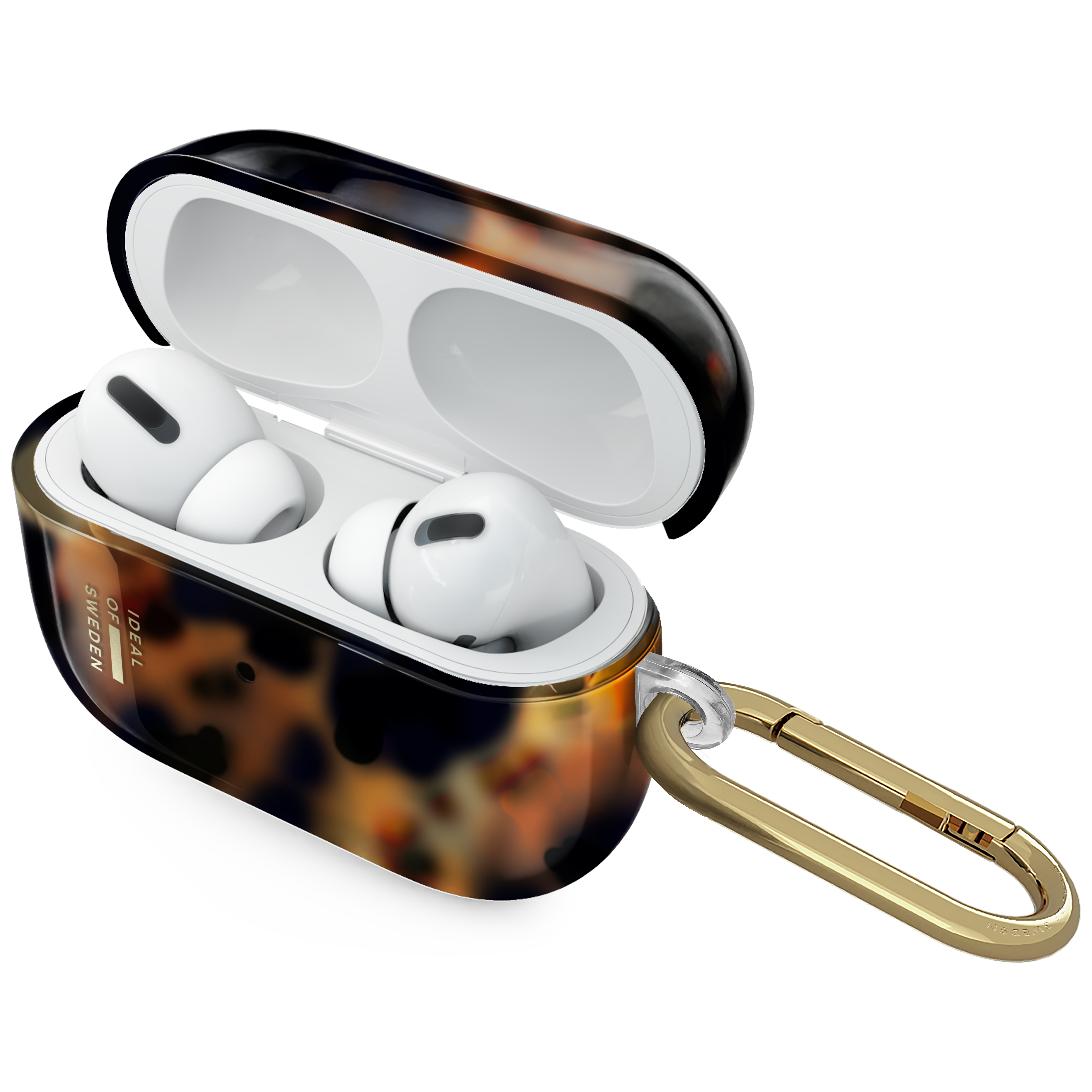 Auriculares blancos en un estuche de carey con mosquetón dorado.
