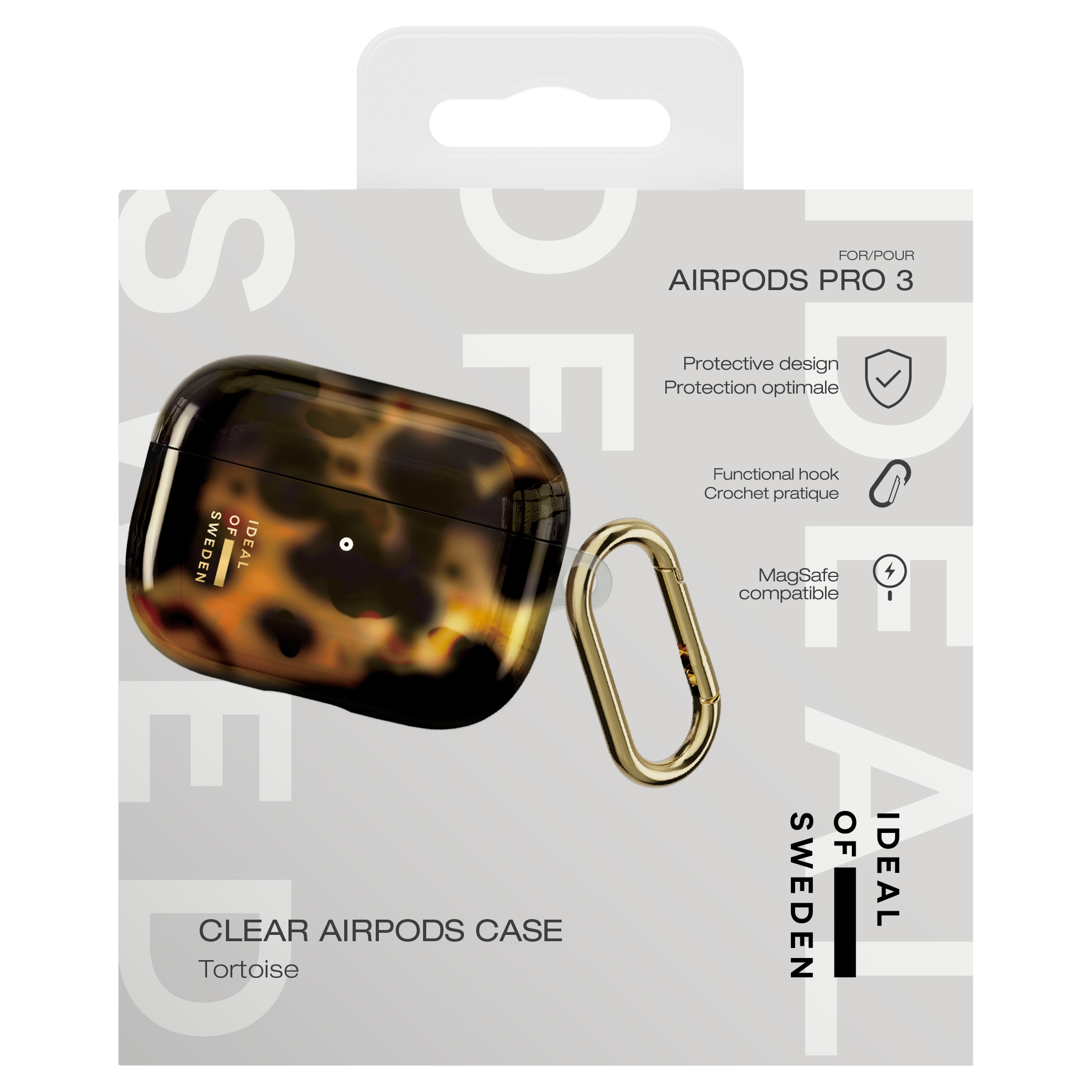 Una funda tortuga para AirPods Pro 3 con mosquetón dorado y compatibilidad MagSafe.