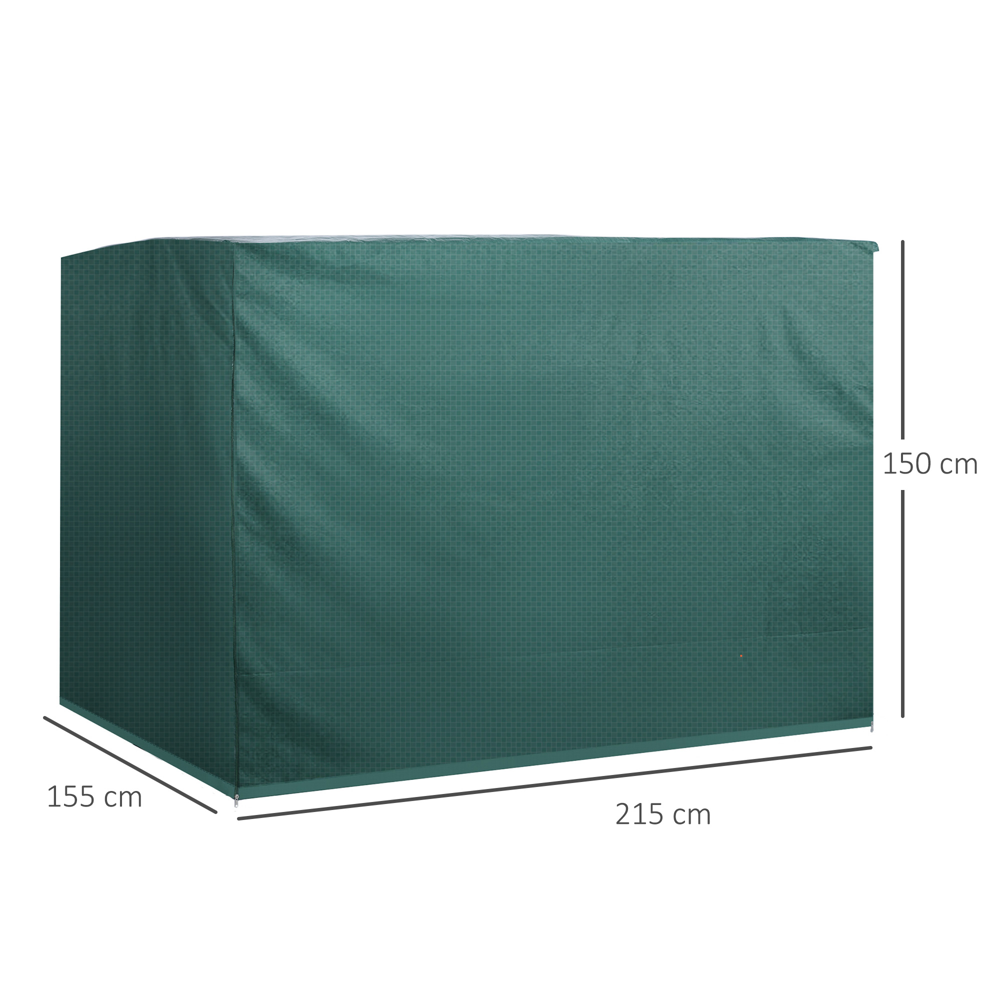 Una funda verde oscuro con patrón a cuadros, dimensiones 215x155x150 cm.