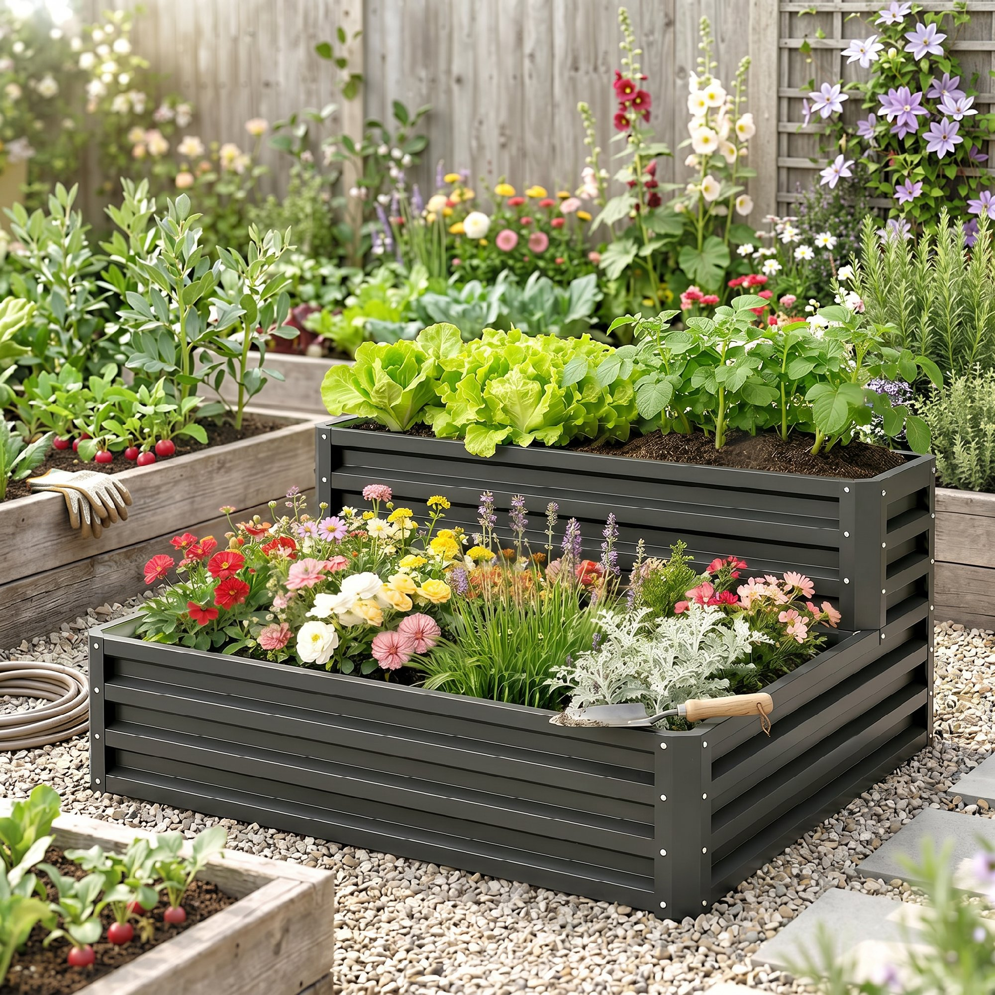 Un bancal elevado de dos niveles con flores y lechuga. Suelo de grava y valla de madera.
