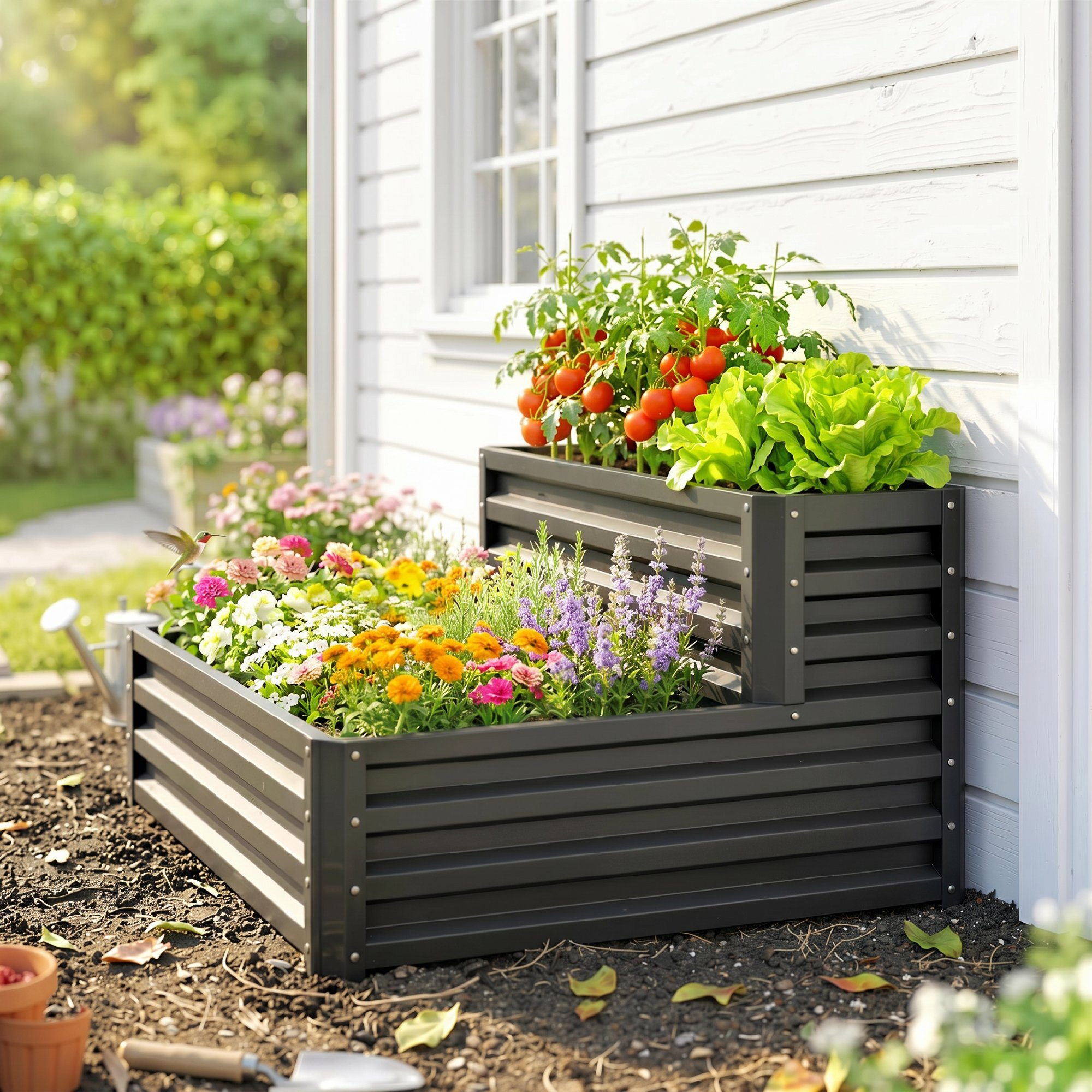 Un bancal escalonado junto a una casa blanca con tomates, lechuga y flores coloridas.