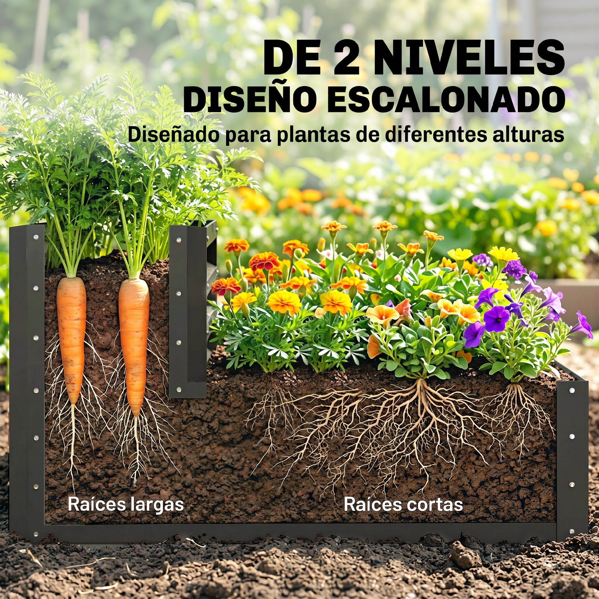 Macetero de dos niveles con zanahorias y flores. Raíces visibles.