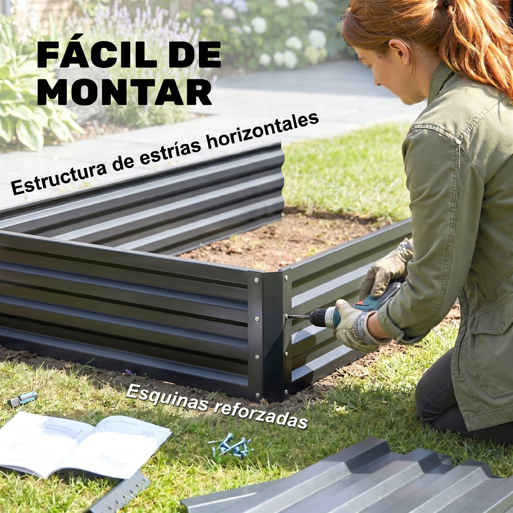 Una mujer monta un bancal elevado con un taladro a batería al aire libre.