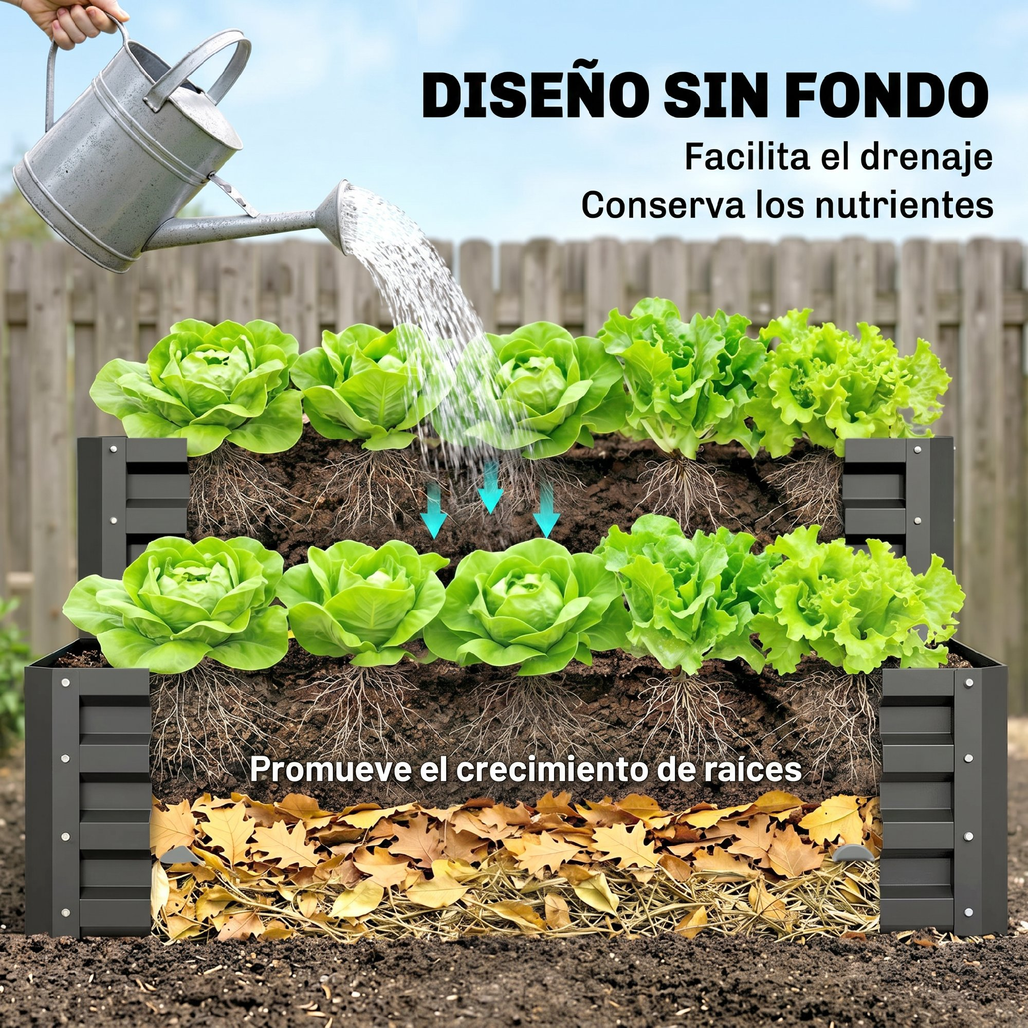 Riego de un bancal elevado con lechuga, mostrando raíces y capa de compost.