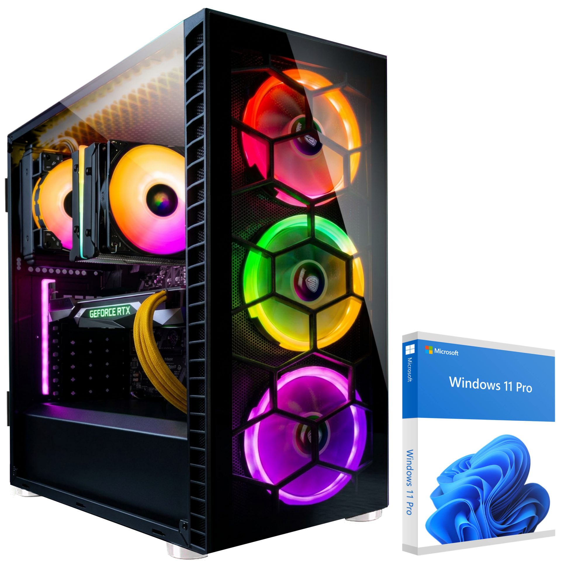 Ein beleuchteter PC-Turm und eine Box von Windows 11 Pro auf schwarzem Hintergrund.