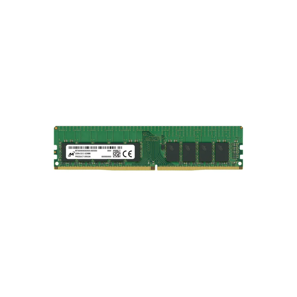 Un modulo RAM DDR4 verde con chip neri e contatti dorati.
