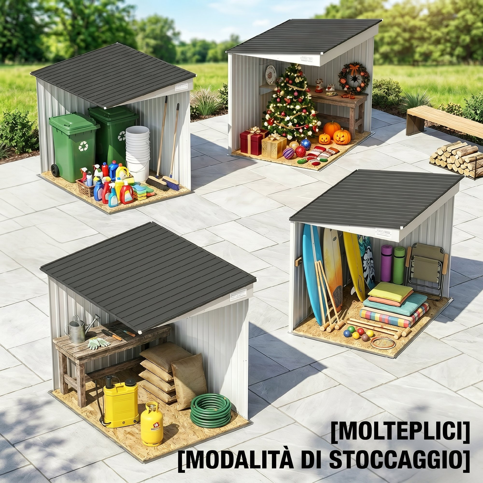 Quattro capanni da giardino mostrano diversi contenitori: bidoni, decorazioni natalizie, tavole da surf, attrezzi.