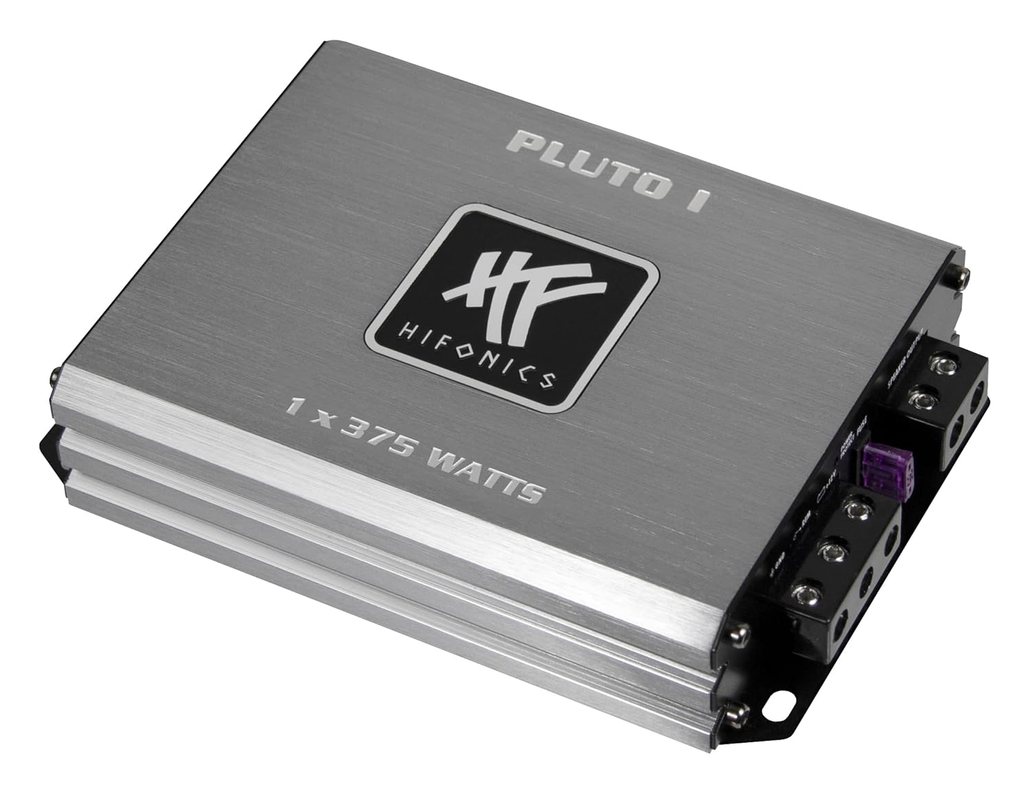 Silberner Hifonics Pluto I Verstärker mit Kühlrippen und Anschlüssen, 1x375 Watt.