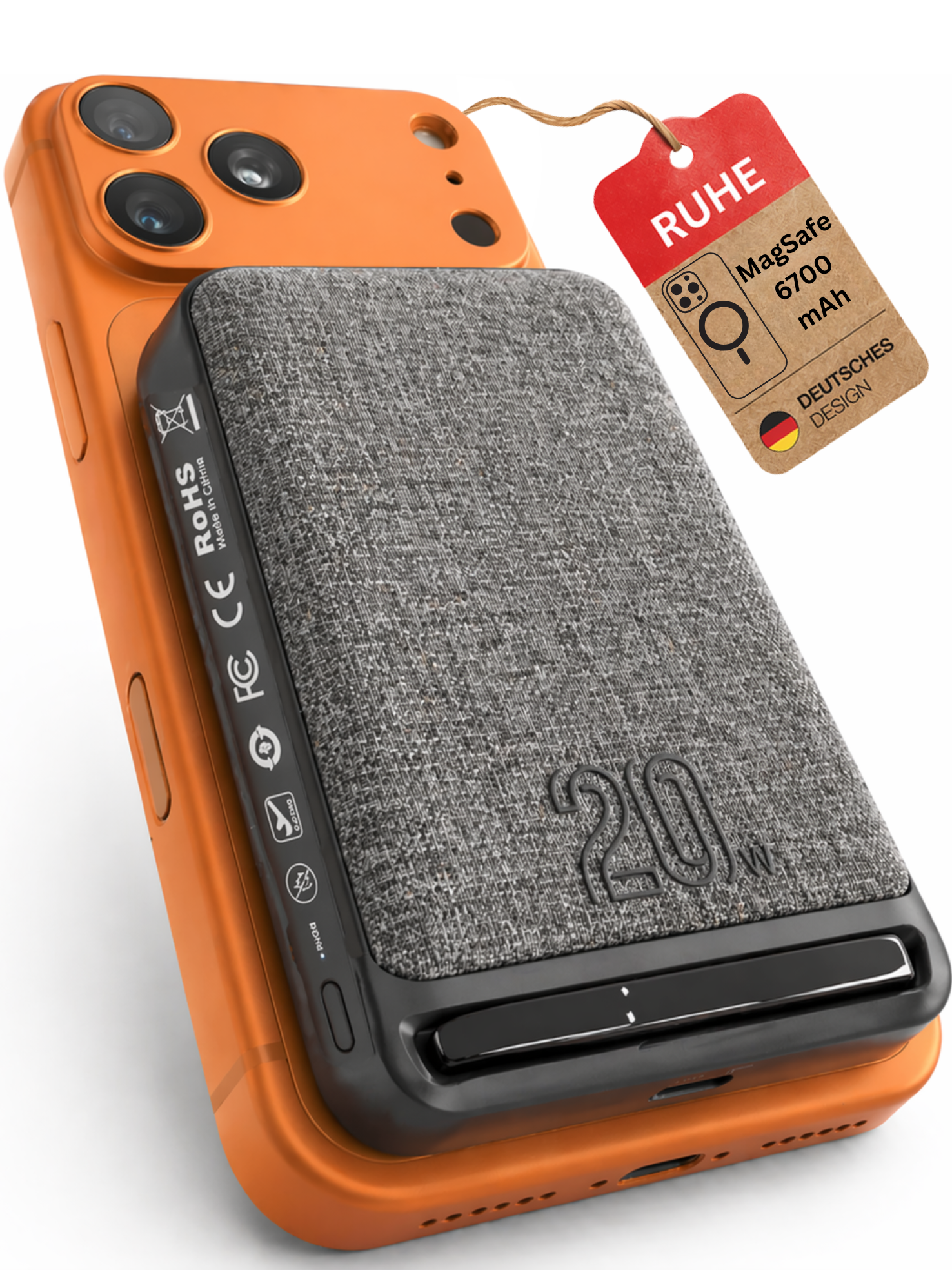 Orange iPhone mit MagSafe Powerbank. Roter Anhänger mit "RUHE".