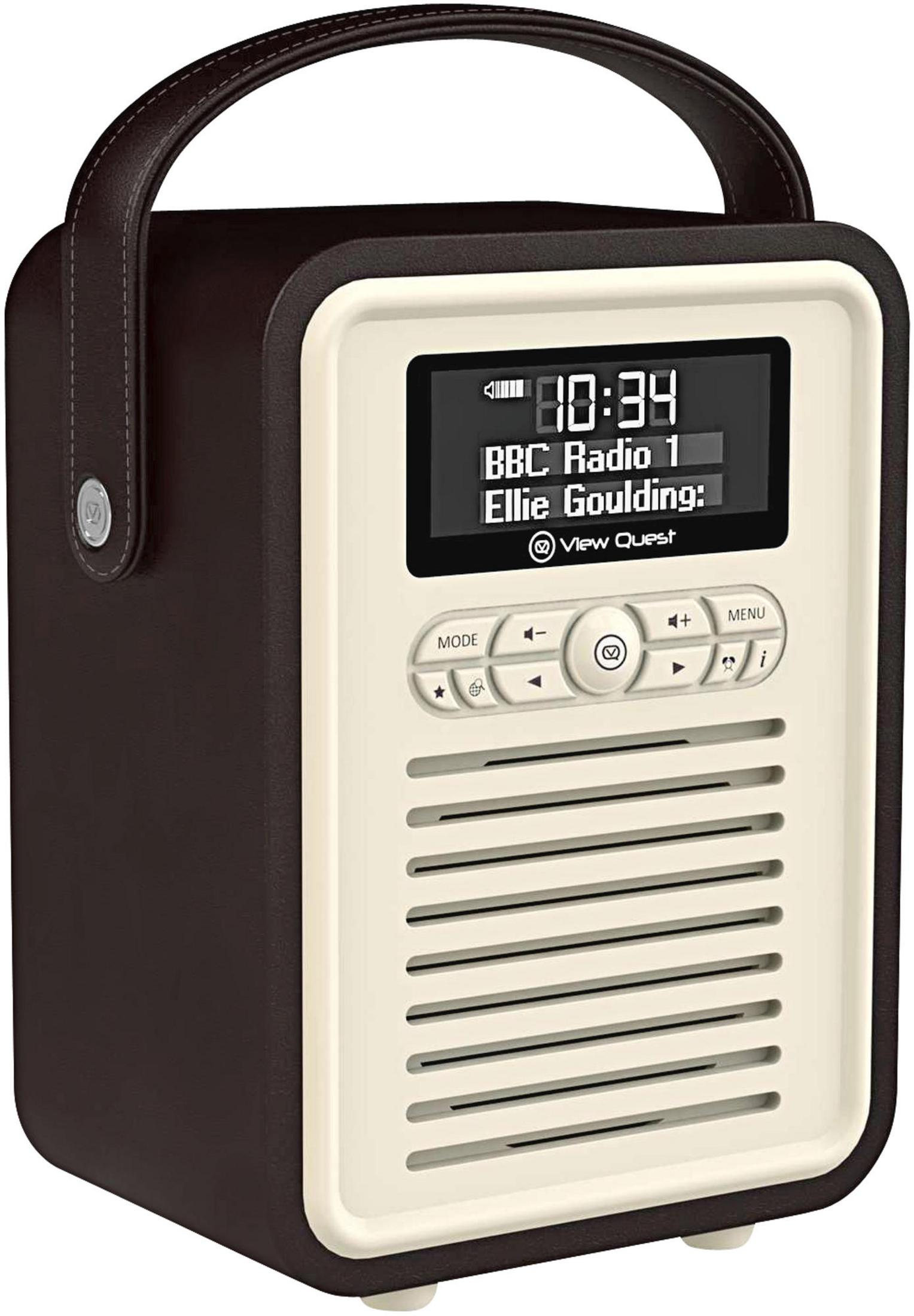 Ein brauner Retro-Radio mit cremefarbener Front und Display.