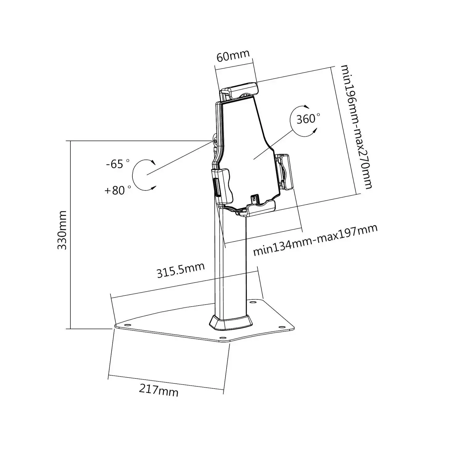 Dessin technique d'un support avec dimensions et angles.
