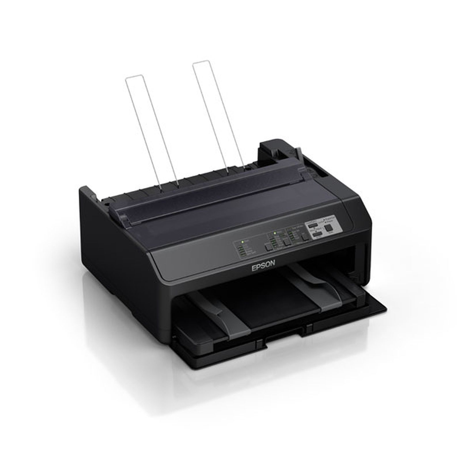 Una impresora matricial Epson negra con guías de papel extendidas. Panel de control visible.