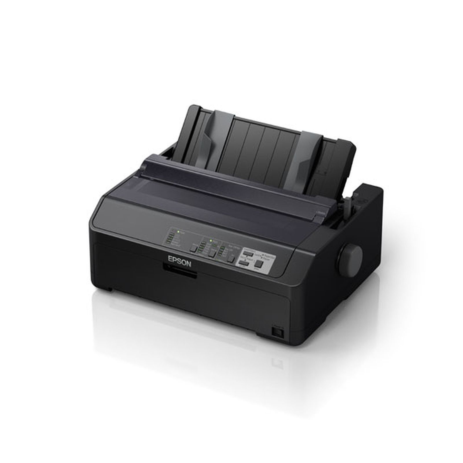 Una impresora matricial Epson negra con alimentador de papel y panel de control.