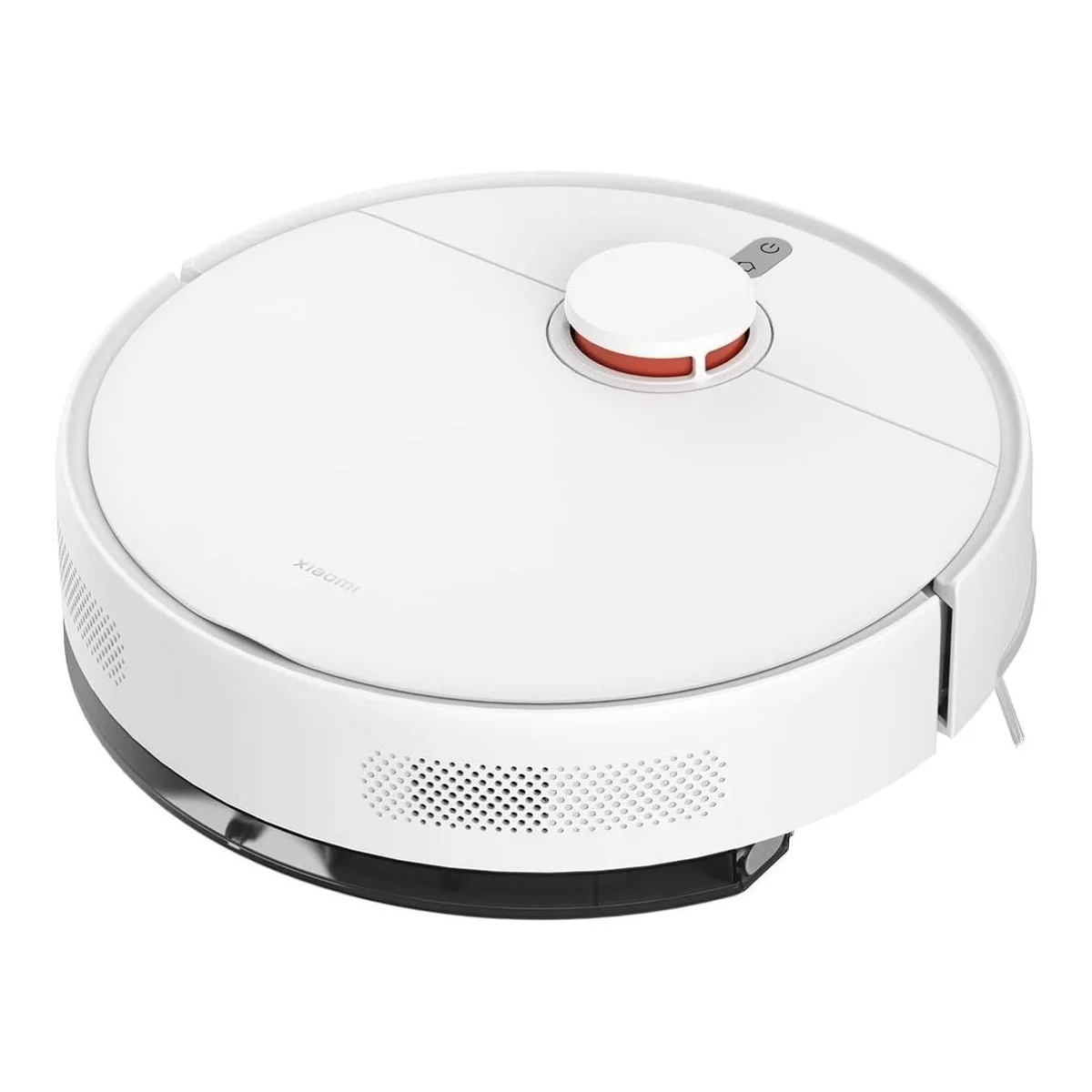 Un aspirateur robot blanc avec un accent rouge et des détails noirs.