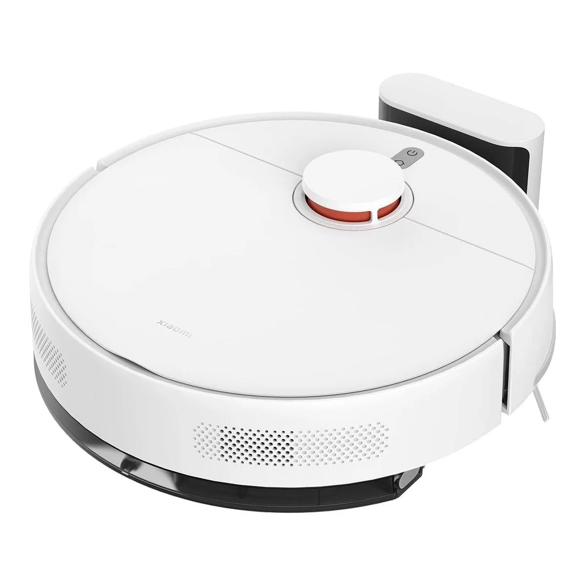 Un aspirateur robot blanc avec station de charge sur fond blanc.
