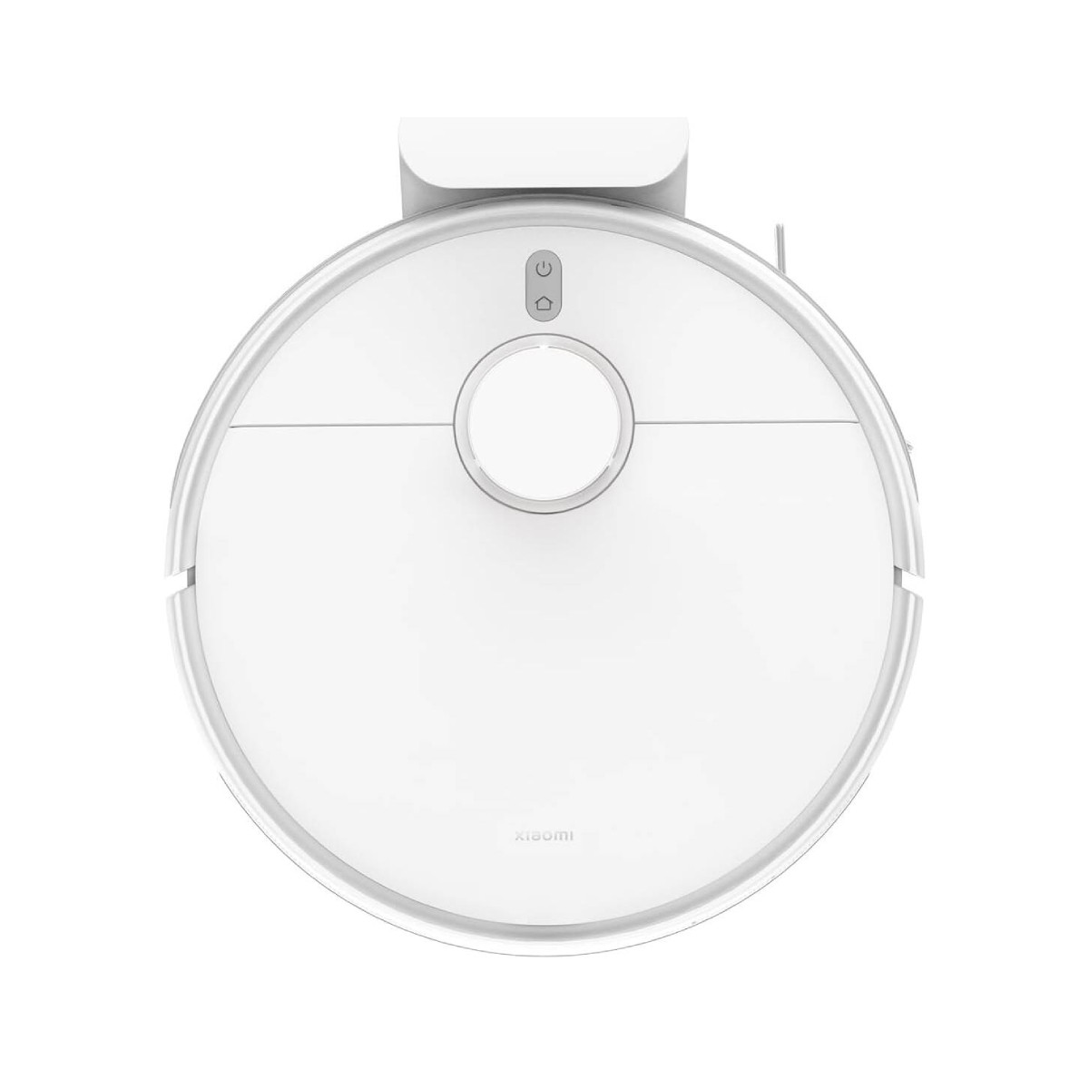 Un aspirateur robot blanc avec contacts de charge et un bouton.