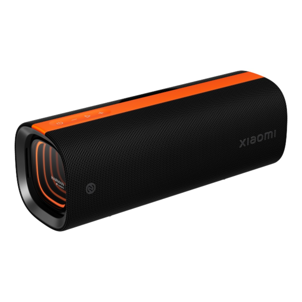 Schwarzer Bluetooth-Lautsprecher mit orangem Band und Xiaomi-Logo.