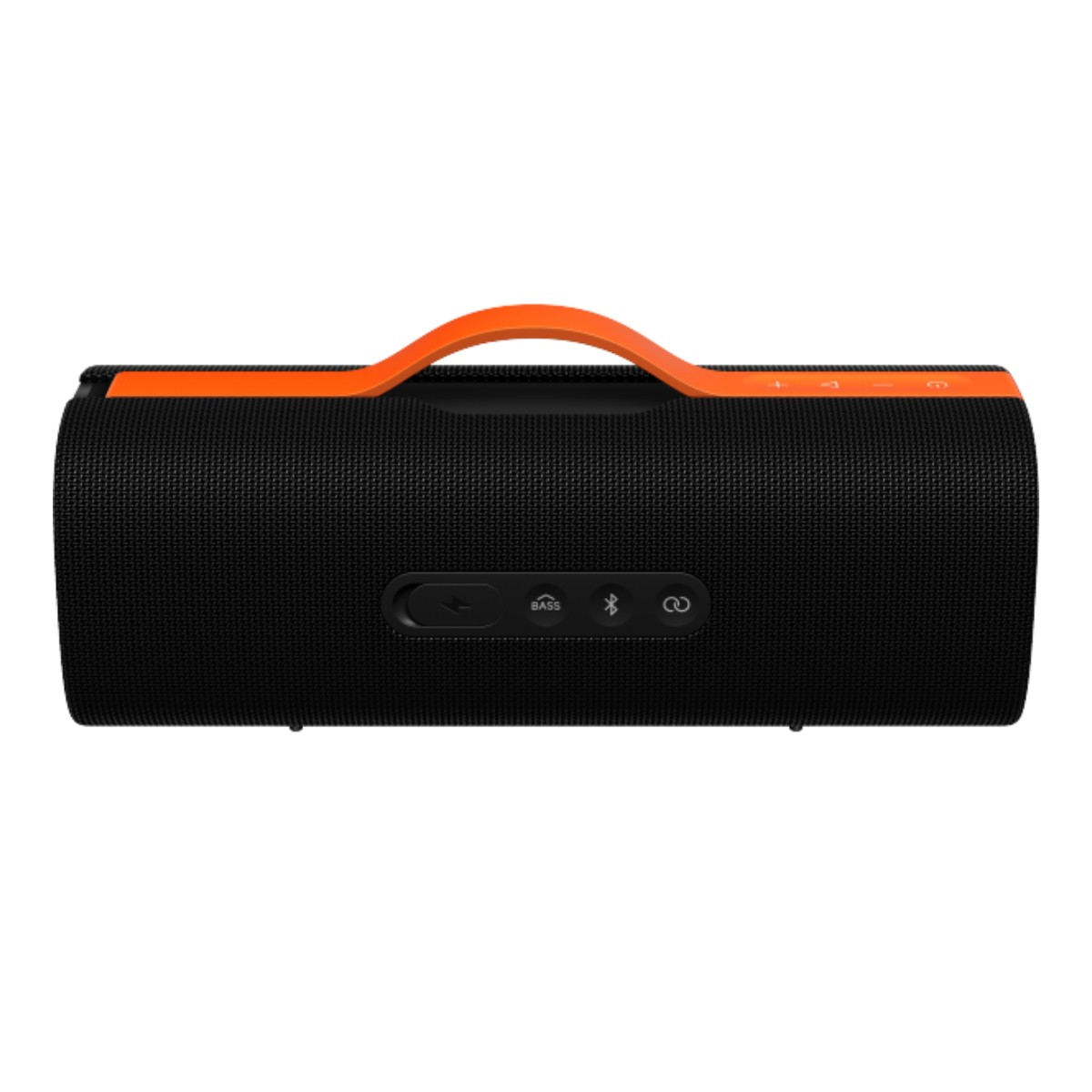 Schwarzer Bluetooth-Lautsprecher mit orangefarbenem Griff und Bedienelementen.