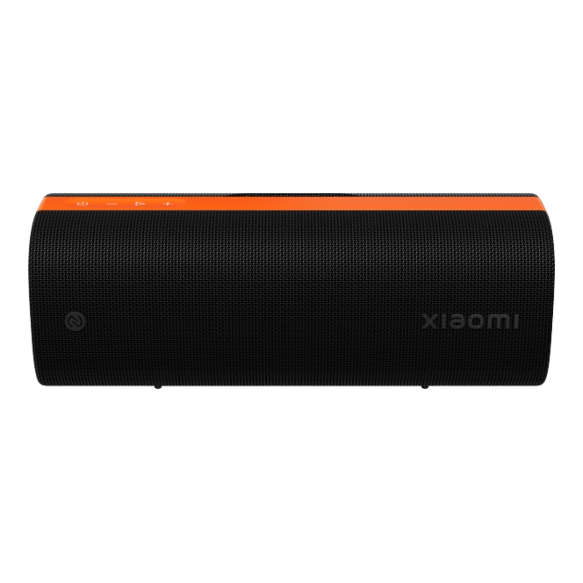 Schwarzer zylindrischer Lautsprecher mit orangefarbenem Streifen und Xiaomi-Logo.