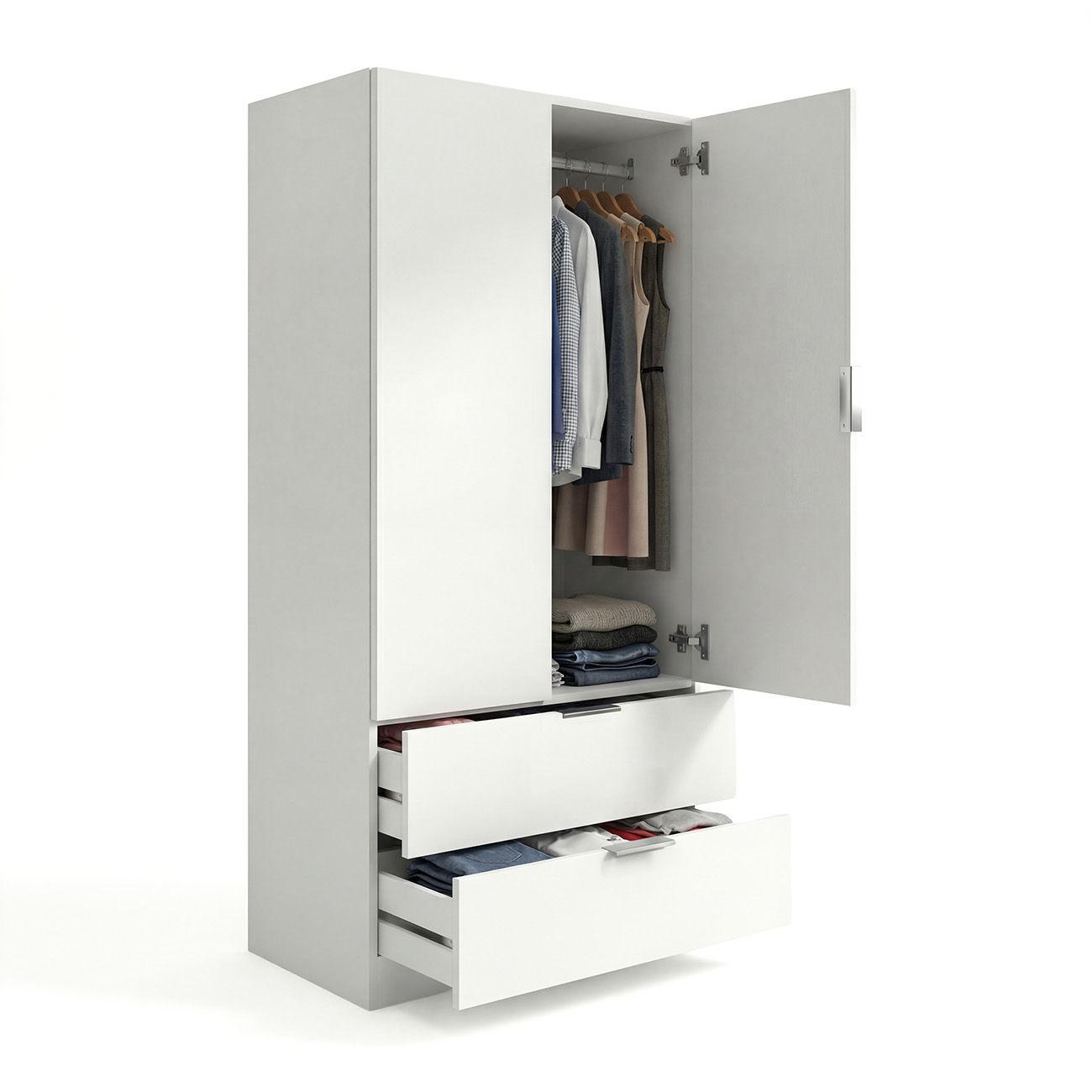 Un armario blanco con una puerta abierta, mostrando ropa en perchas y artículos doblados.