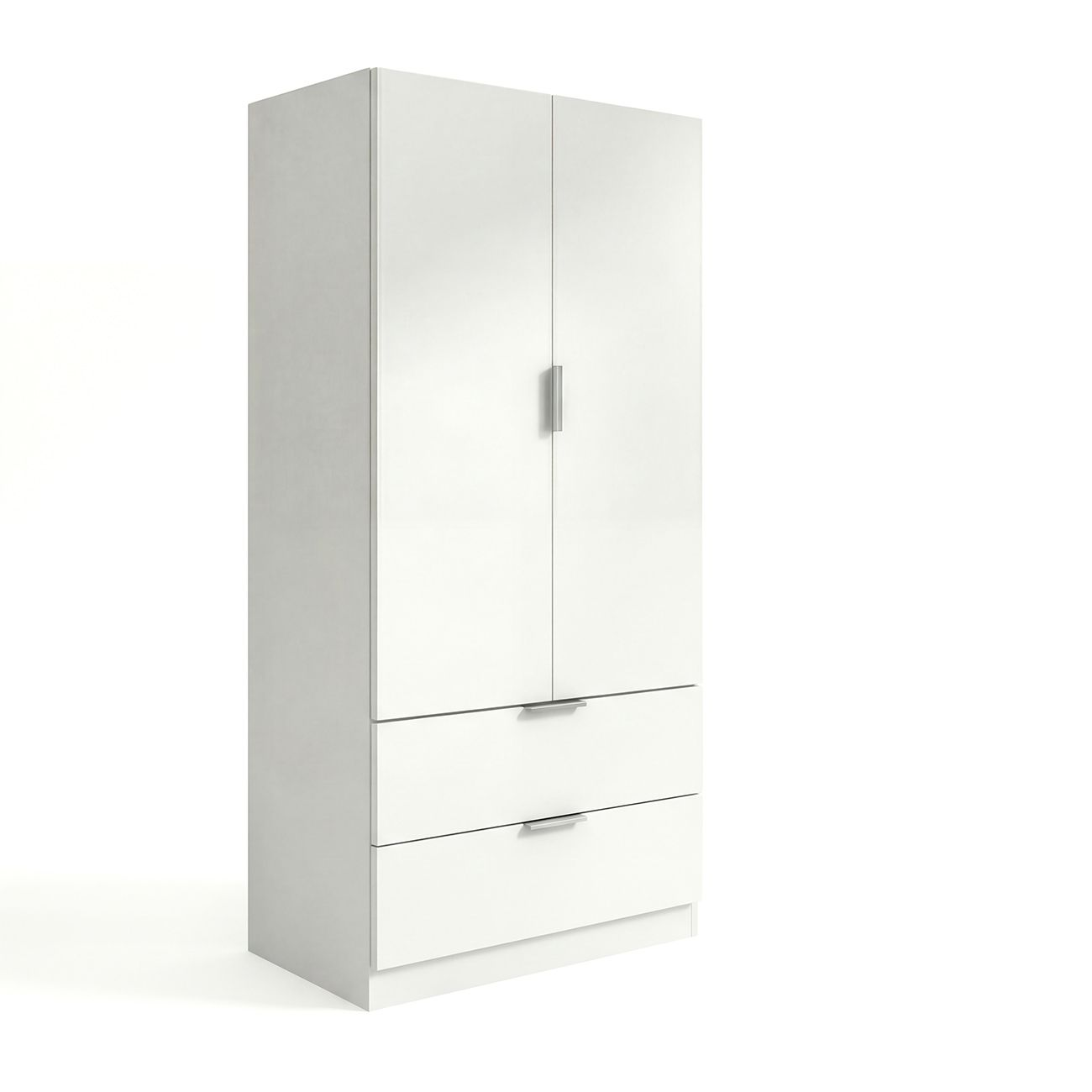Un armario blanco con dos puertas y dos cajones.