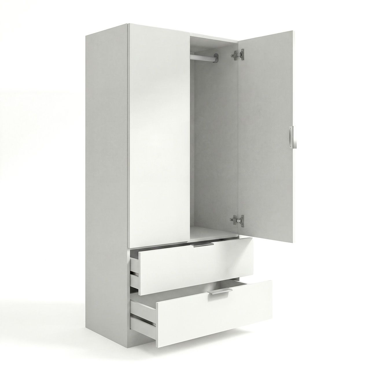 Un armario blanco con una puerta abierta y dos cajones abiertos.