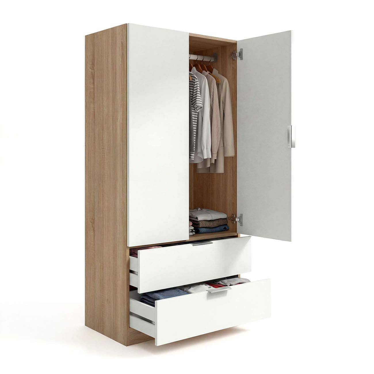 Armario alto y estrecho con laterales efecto madera y puertas blancas. Una puerta abierta muestra ropa colgada y doblada.