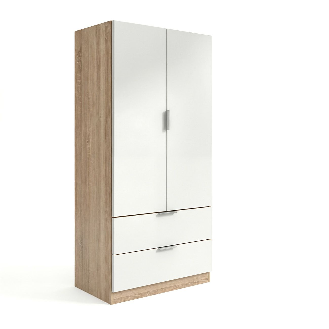 Un armario blanco alto con detalles de madera y dos cajones.