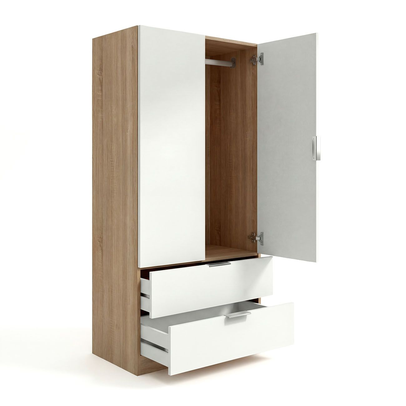 Un armario de madera abierto con puertas blancas y dos cajones.