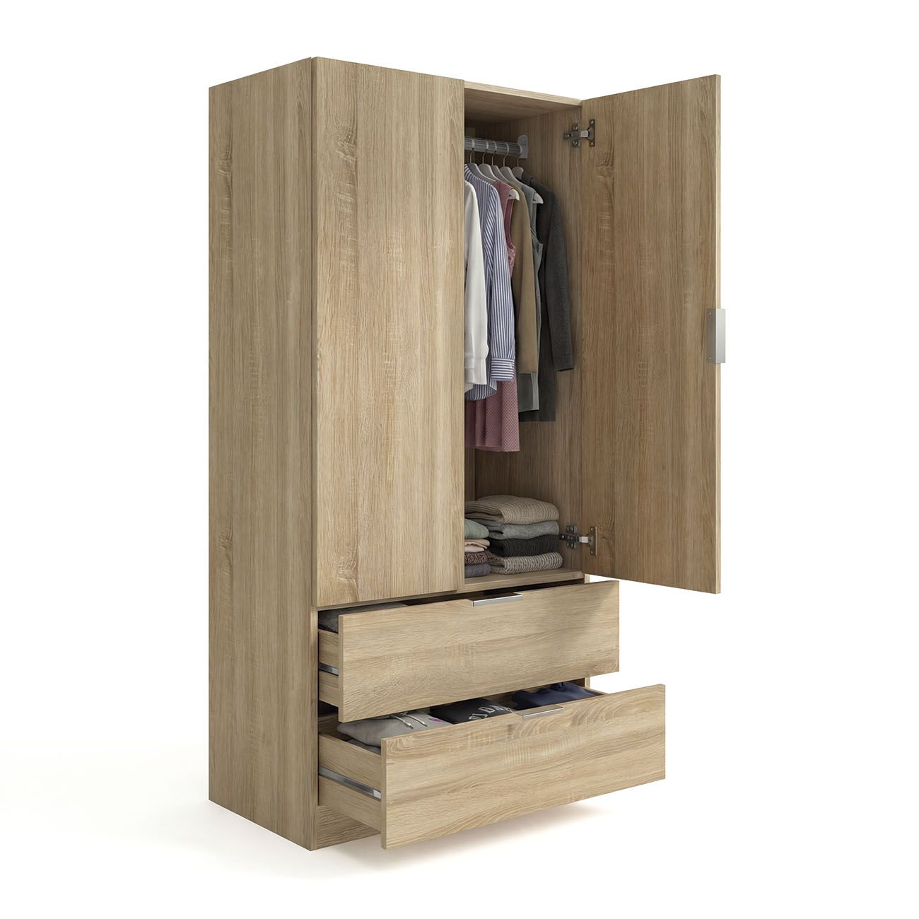 Un armario de madera clara con puertas y cajones abiertos, ropa dentro.