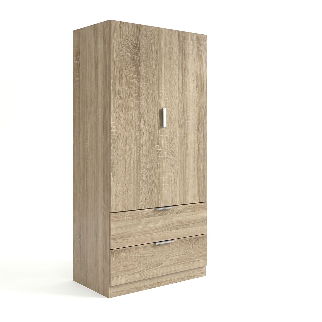 Un armario de madera clara con dos puertas arriba y dos cajones abajo.