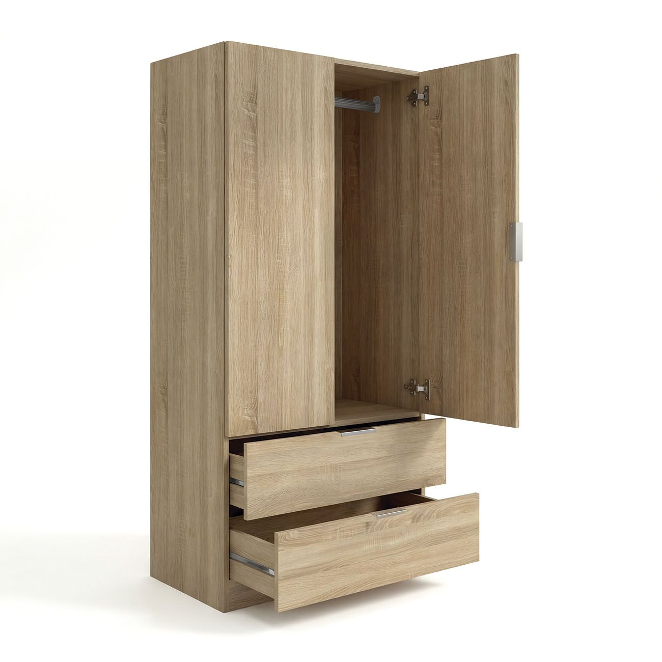 Un armario de madera con dos cajones abiertos y una puerta abierta.