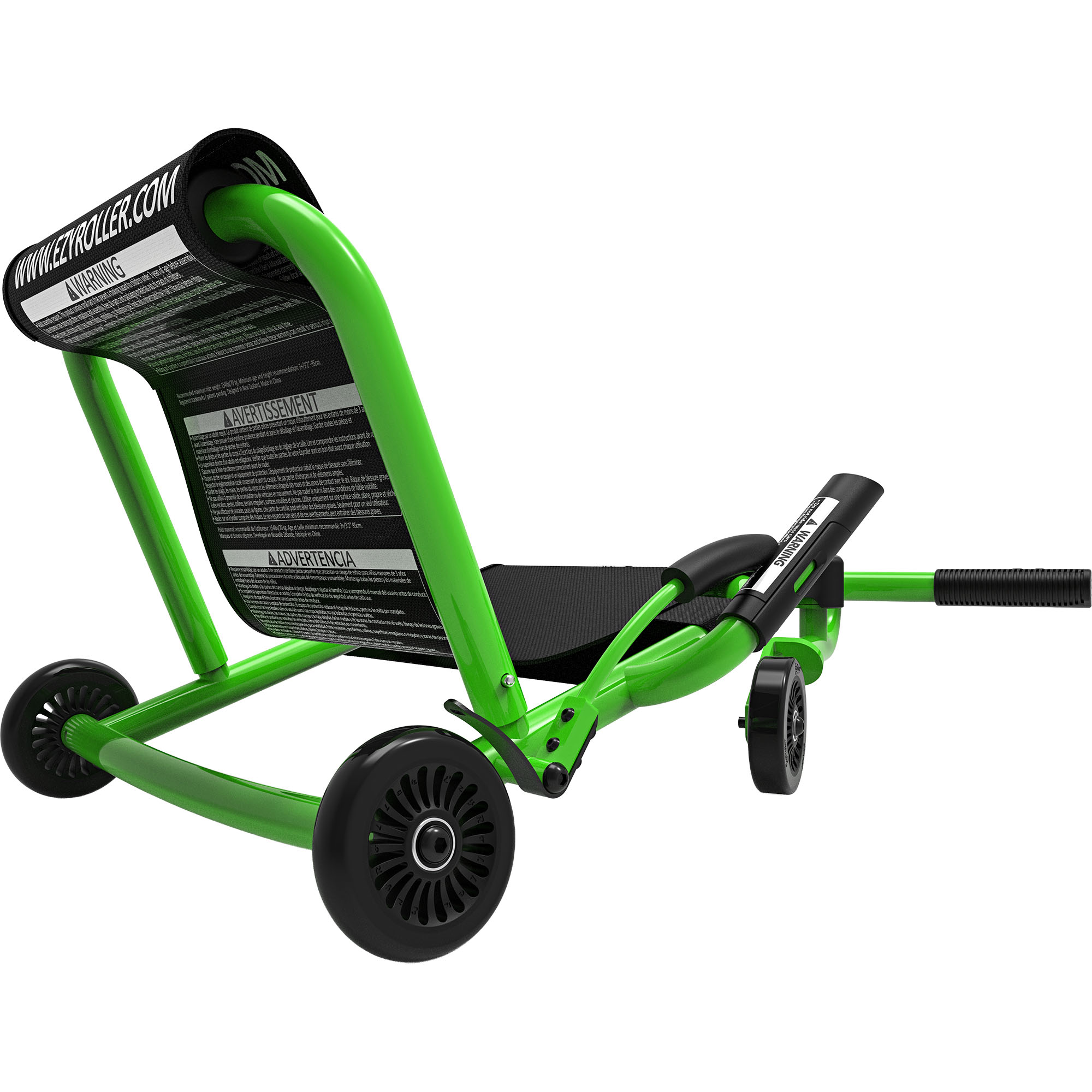 Ein grüner Ezyroller mit schwarzen Rädern und Griffen auf weißem Hintergrund.