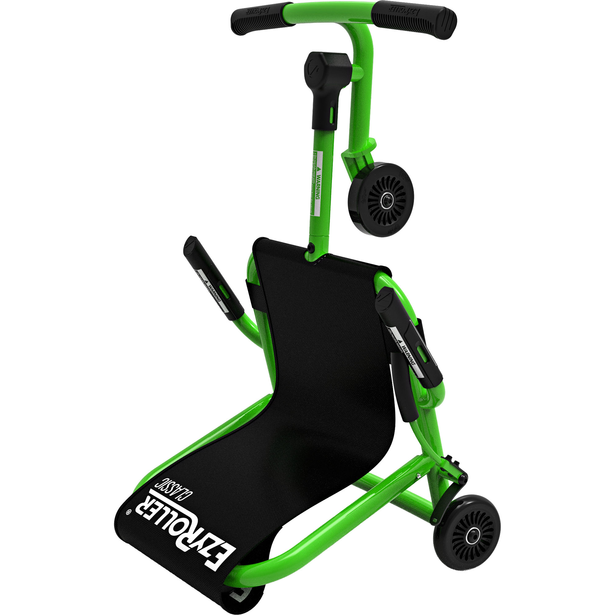 Ein grüner Ezyroller Classic Roller mit schwarzem Sitz und Lenker, auf weißem Hintergrund.
