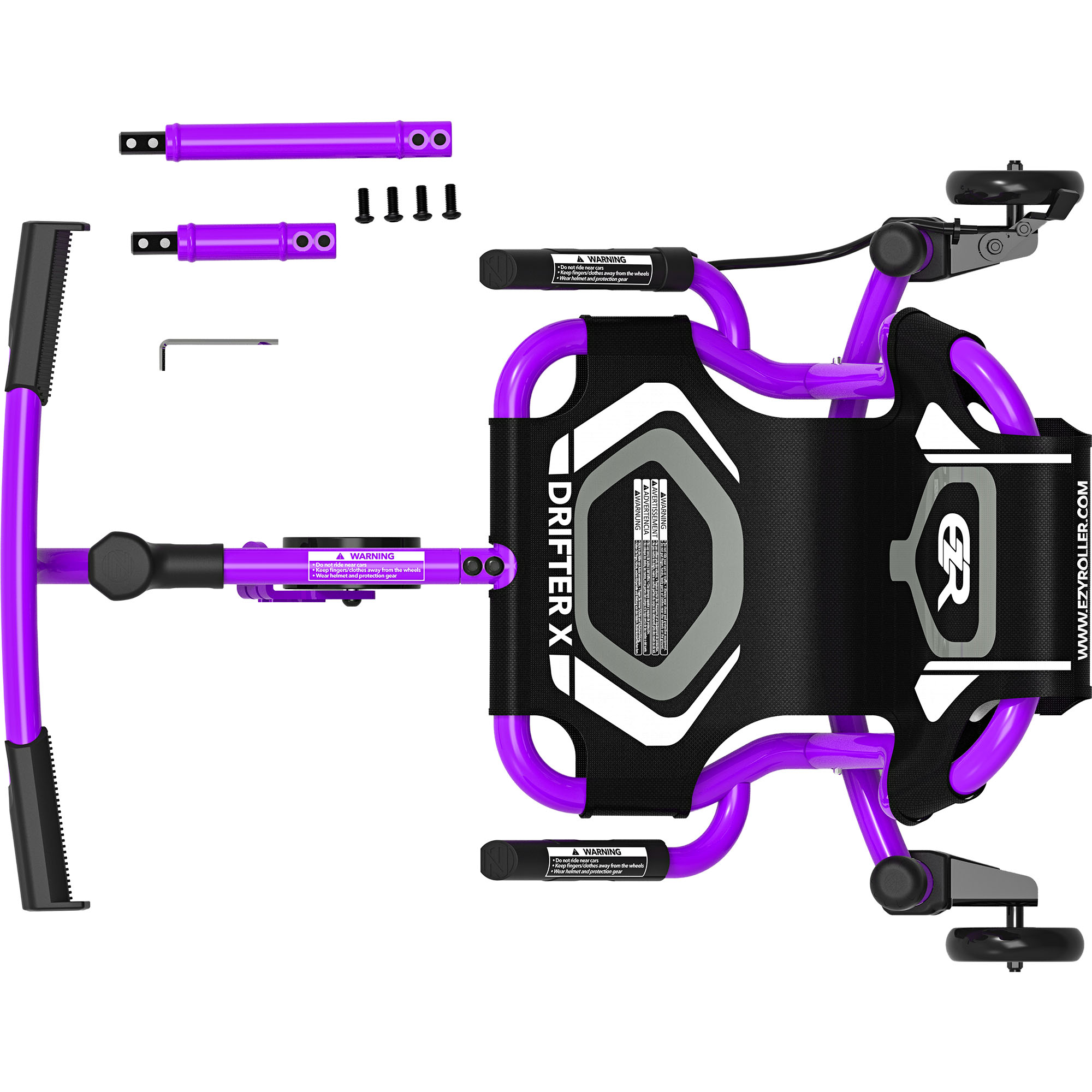 Lila Drifter X mit schwarzen Rädern und Zubehör auf weißem Hintergrund.