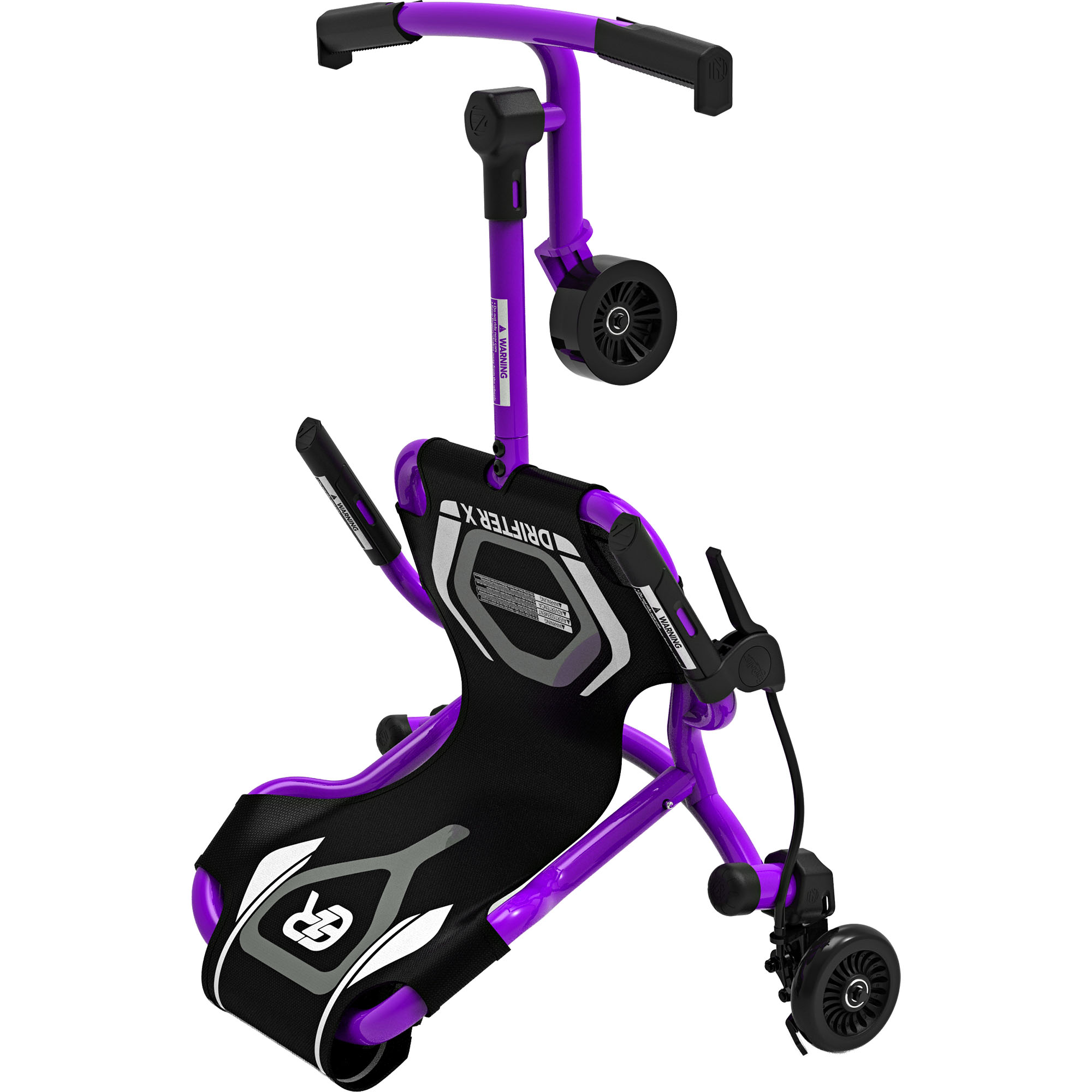 Ein violetter Drifter X Roller mit schwarzen Griffen und Rädern.