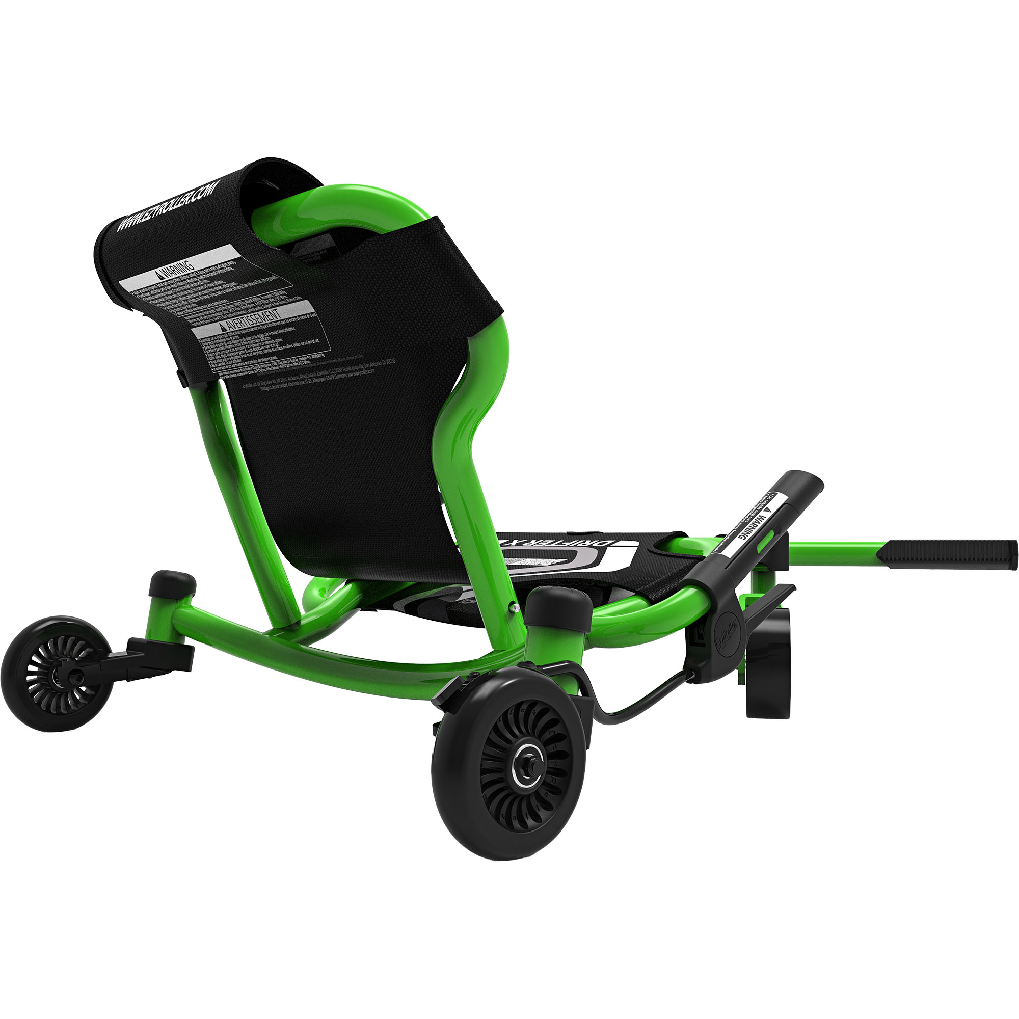 Monopattino verde a tre ruote con ruote e maniglia neri. Include etichette di avvertenza.