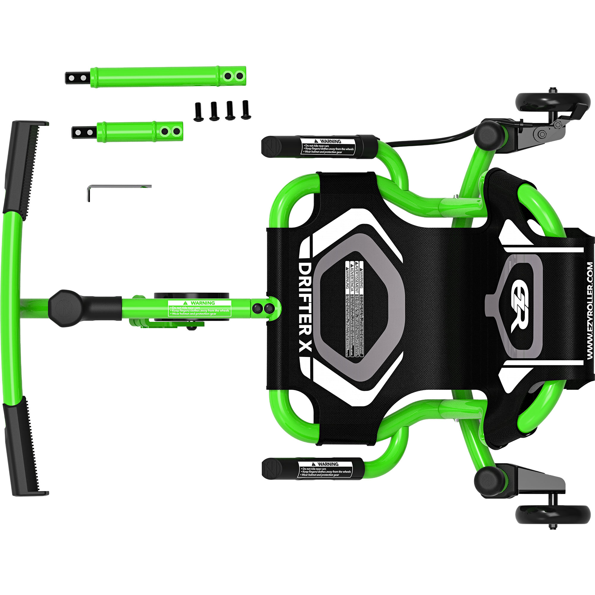 Uno scooter Drifter X verde con ruote e maniglie nere.