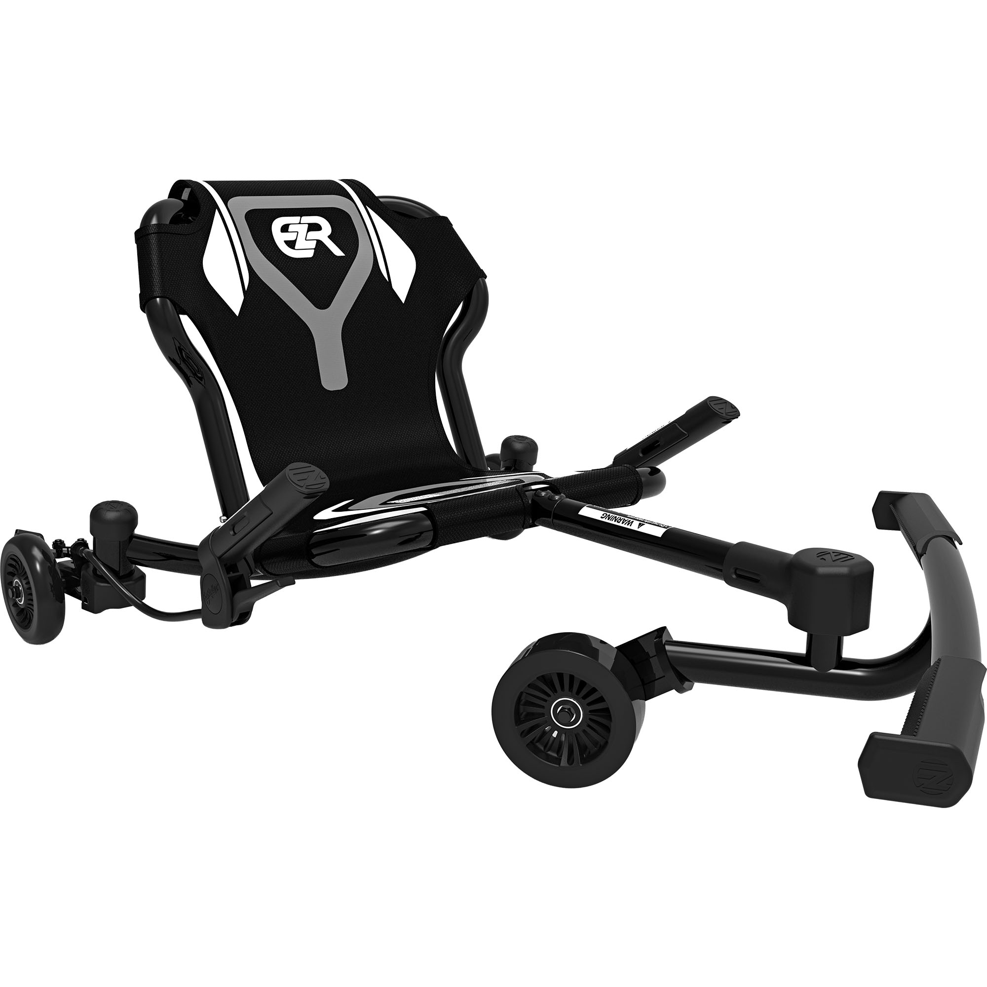 Ein schwarzer Go-Kart-ähnlicher Roller mit Sitz und Rädern.