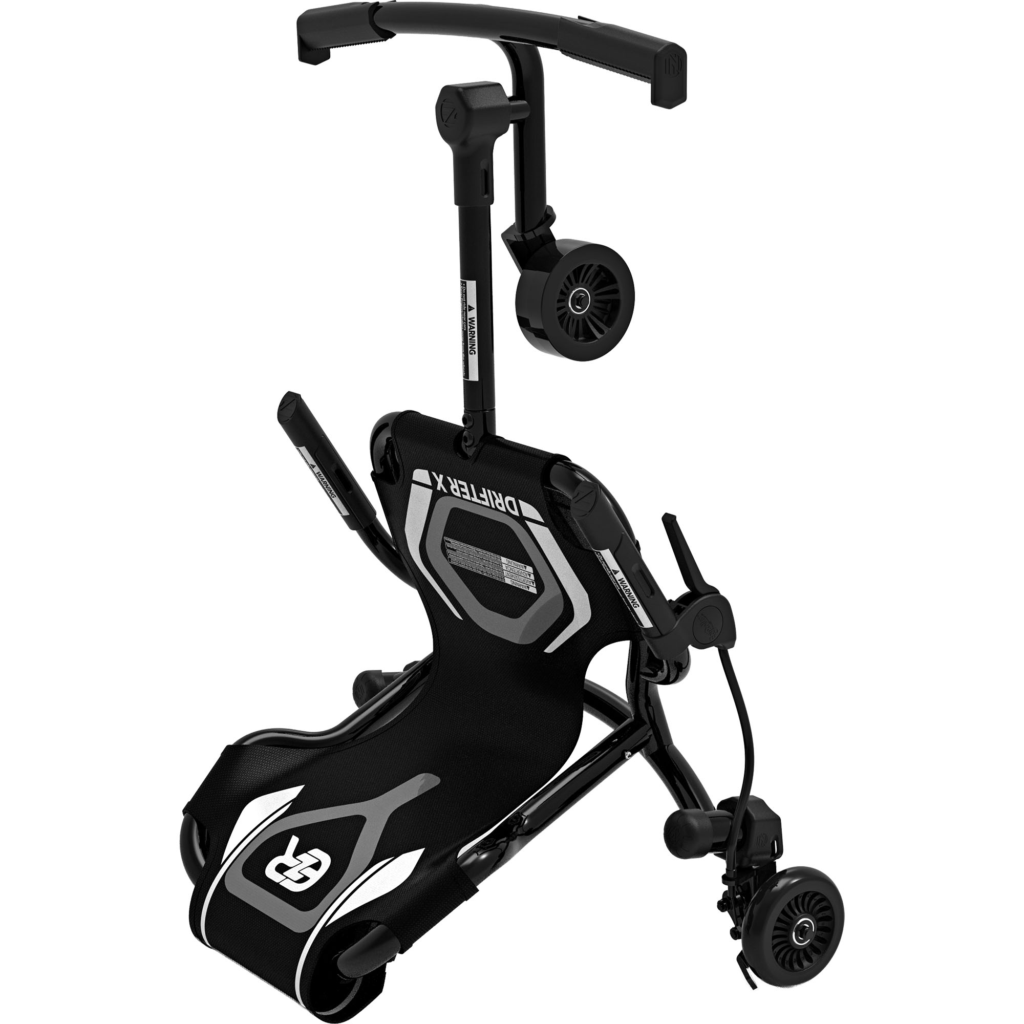 Ein schwarzer Kinderwagen mit Griffen, Rädern und Warnhinweisen.