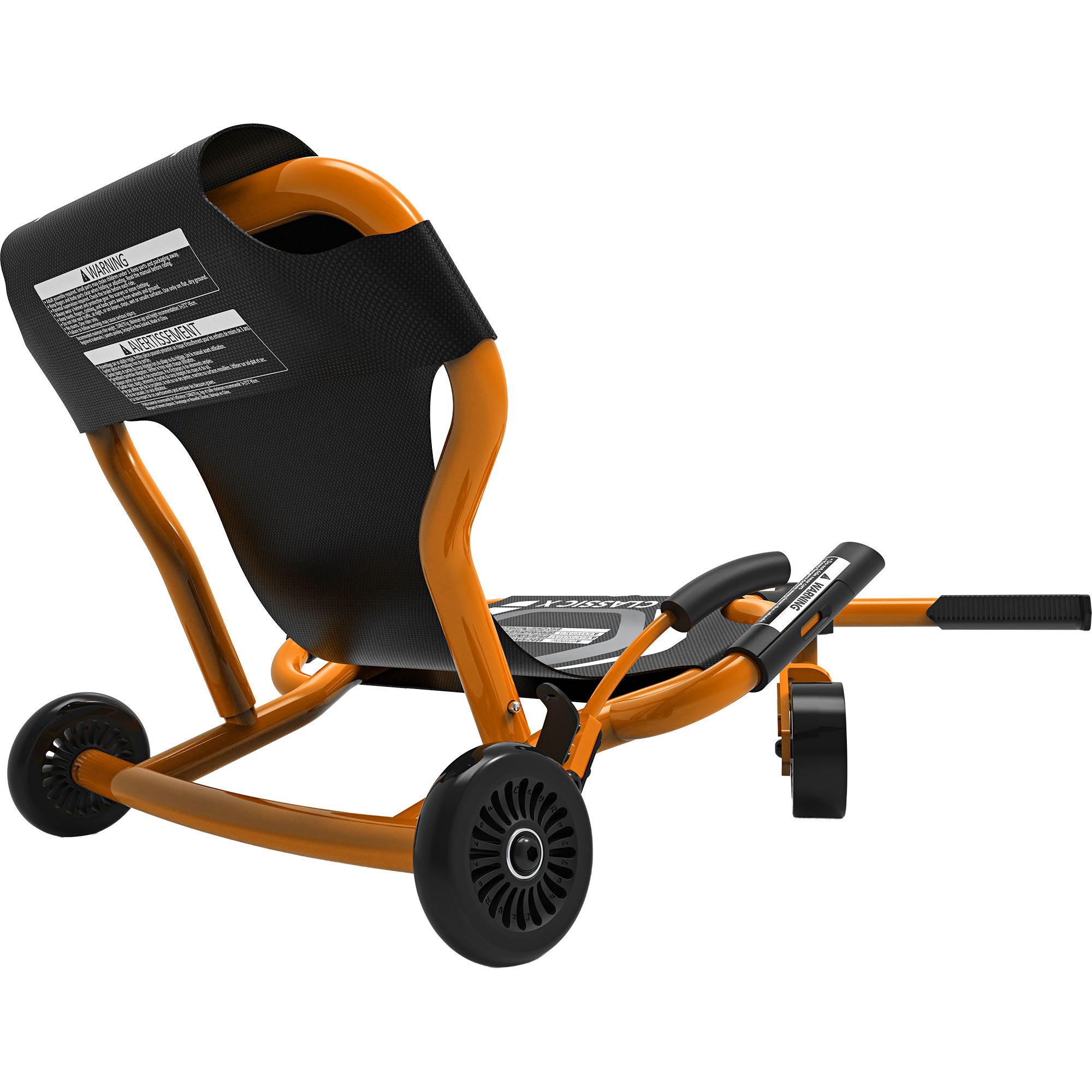 Ein orangefarbener Gokart mit schwarzen Rädern und Sitz, auf weißem Hintergrund.