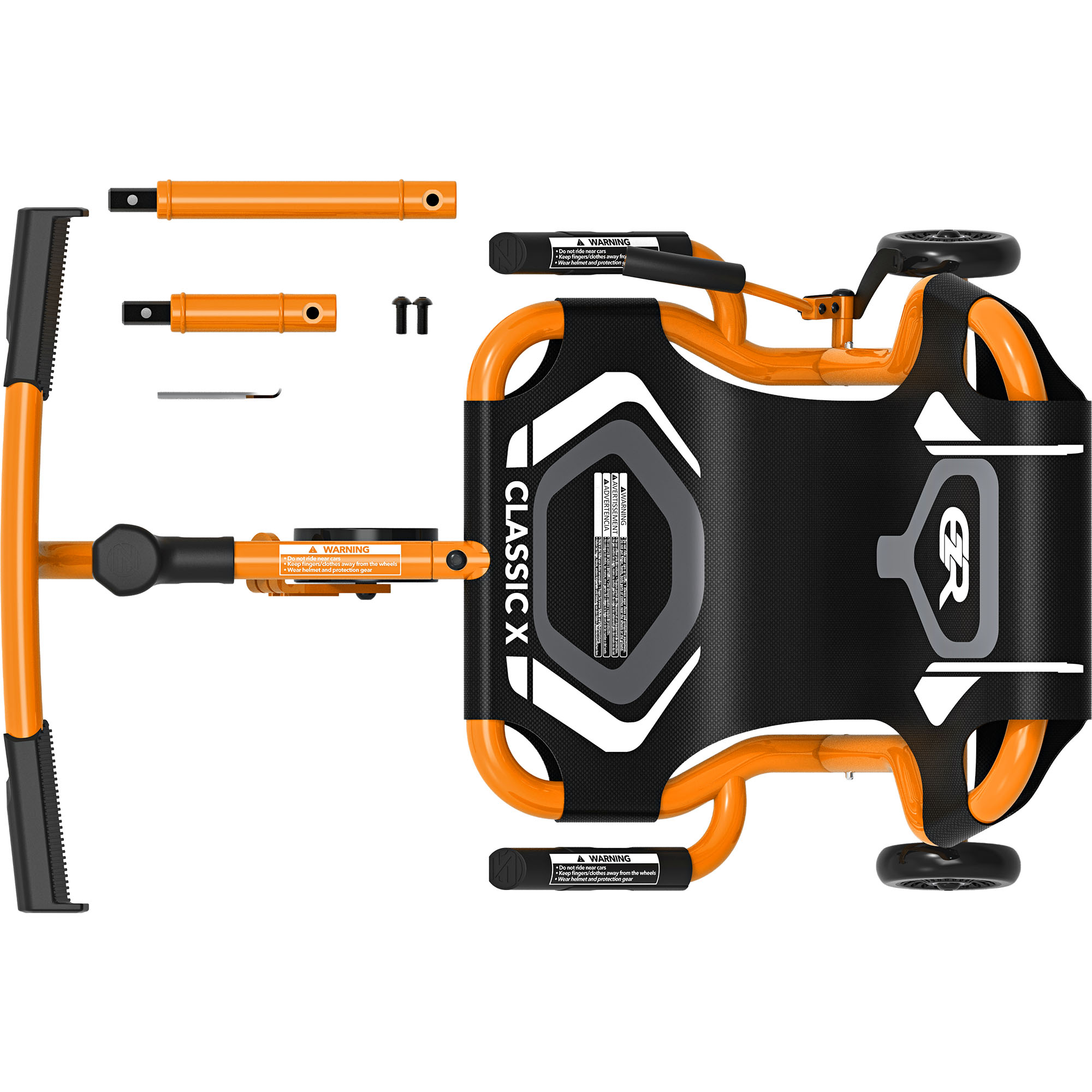 Orange und schwarzer Kinderroller mit zwei Rädern und Lenker.