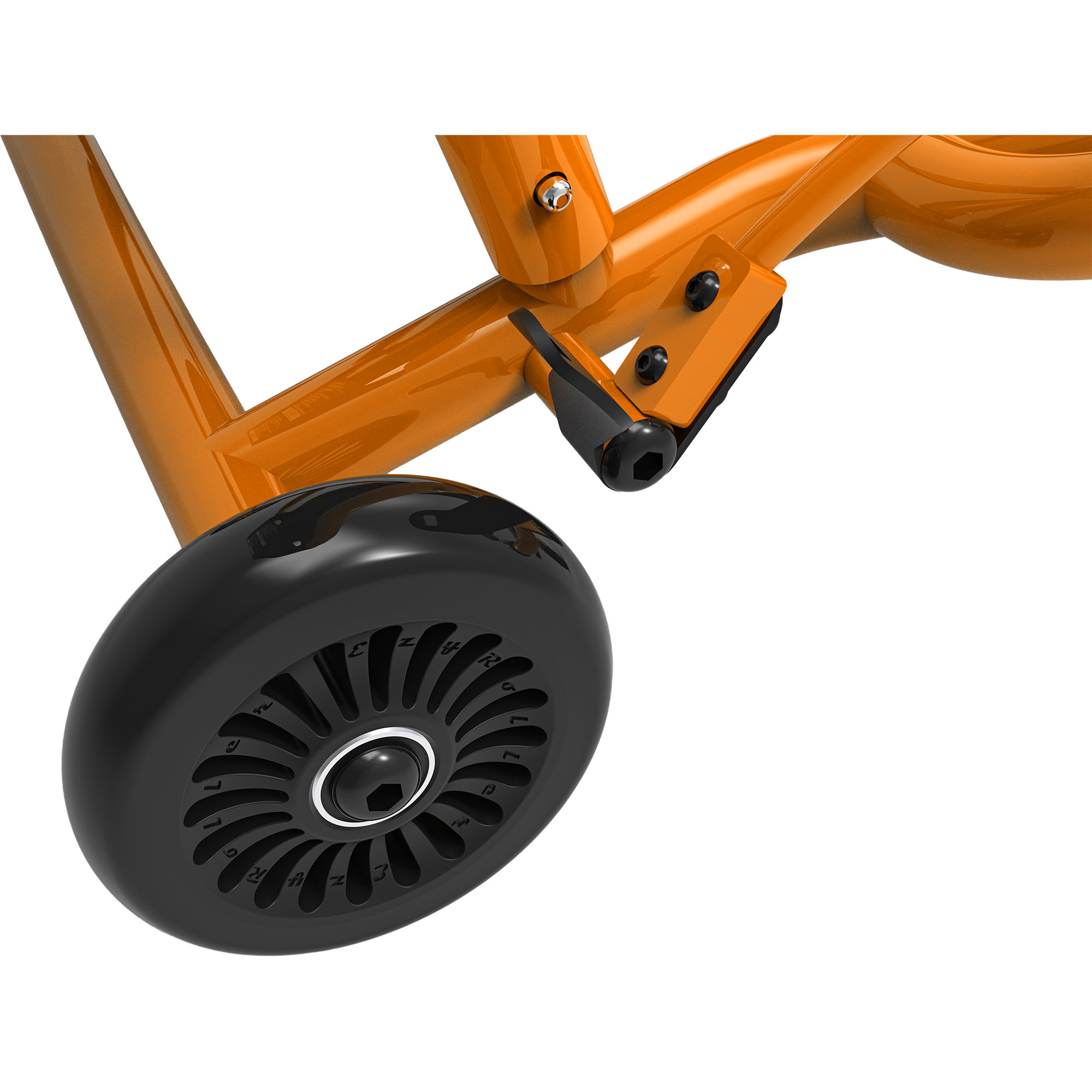 Nahaufnahme eines orangefarbenen Rahmens mit einem schwarzen Rad und Befestigungen.