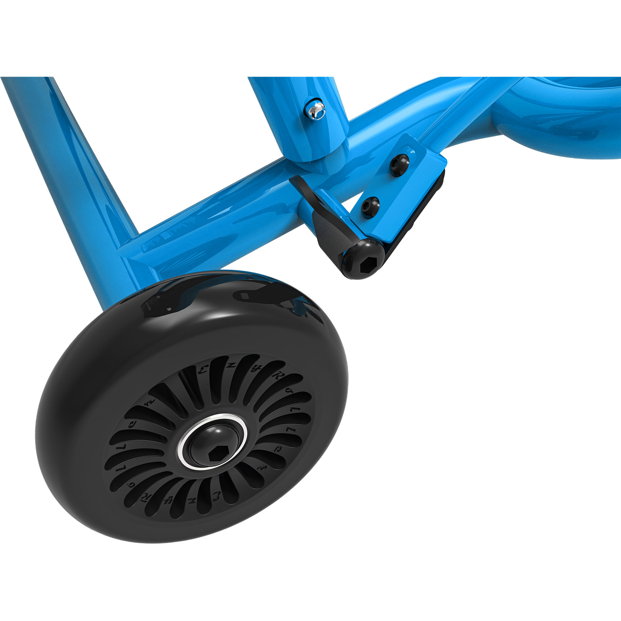 Ein blaues Metallgestell mit einem schwarzen Rad im Detail.